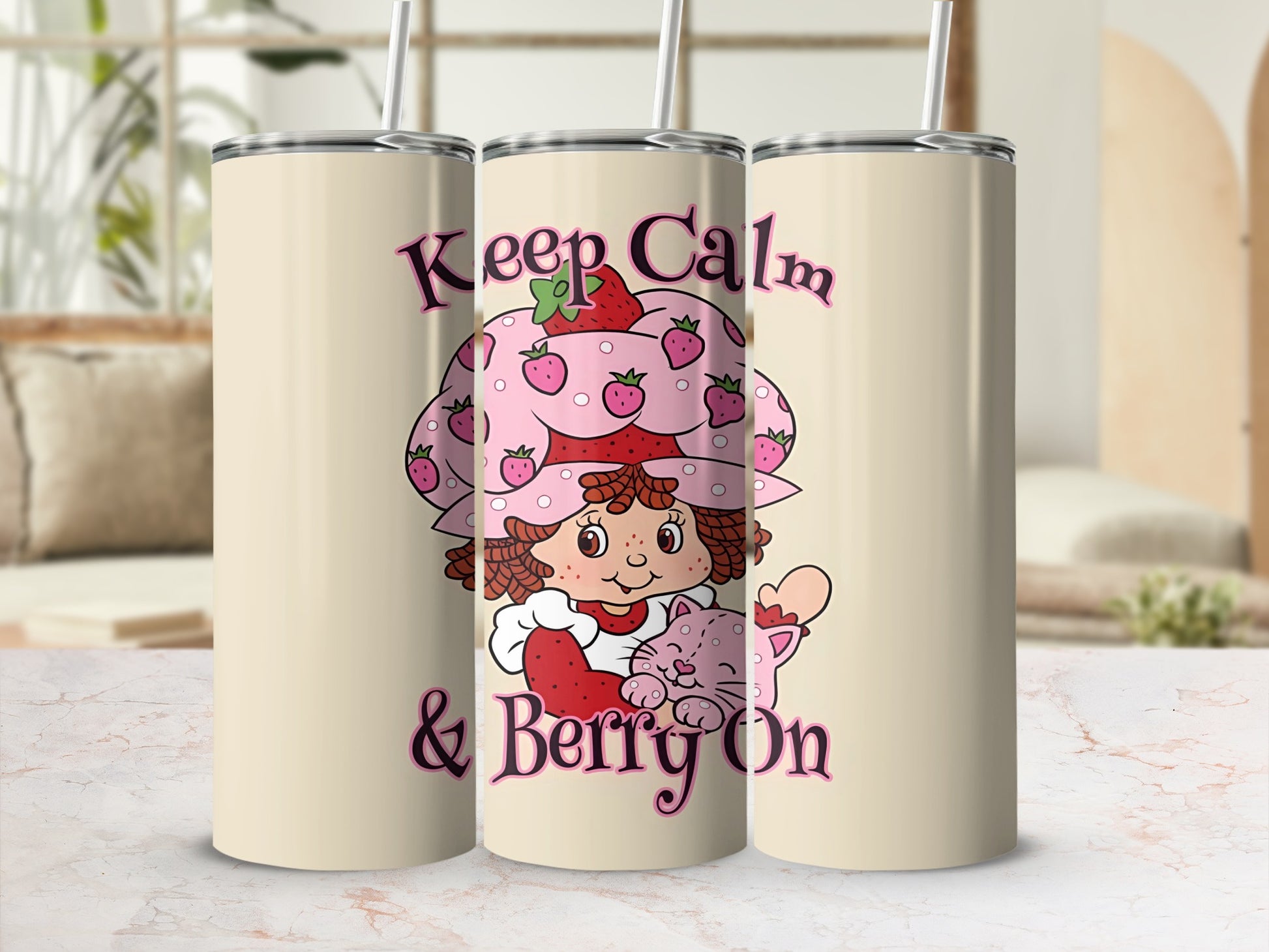 Strawberry Shortcake with cat and text "Keep Calm & Berry On"