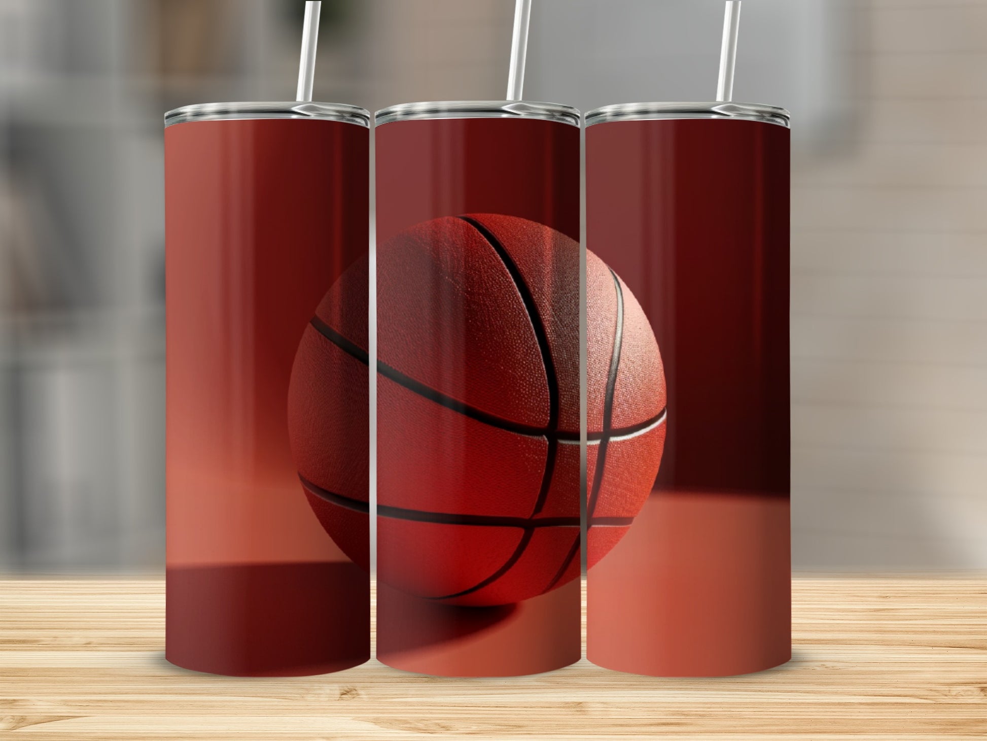 Three red tumblers with basketball texture, displaying a basketball in the center.