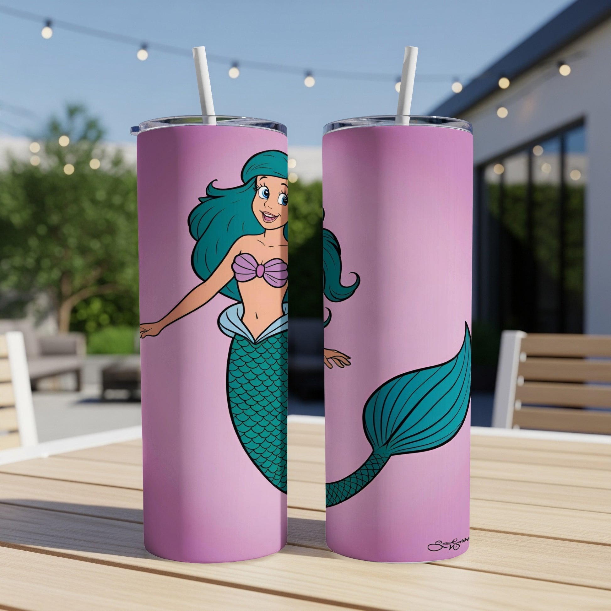 Illustration of a cartoon mermaid with green hair and teal tail on a pink background.