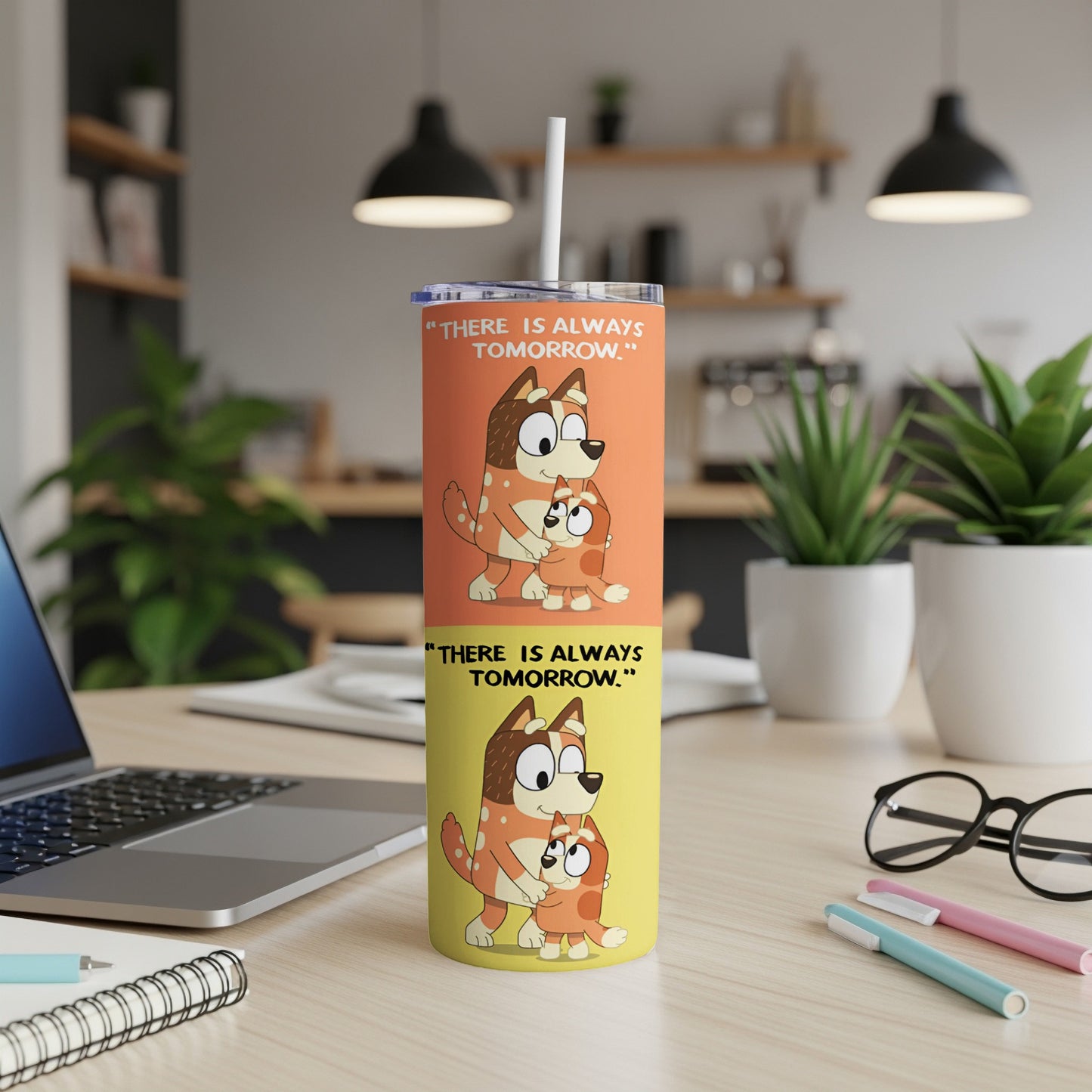 Bluey and Bingo characters hugging on a tumbler with "There is Always Tomorrow" text.