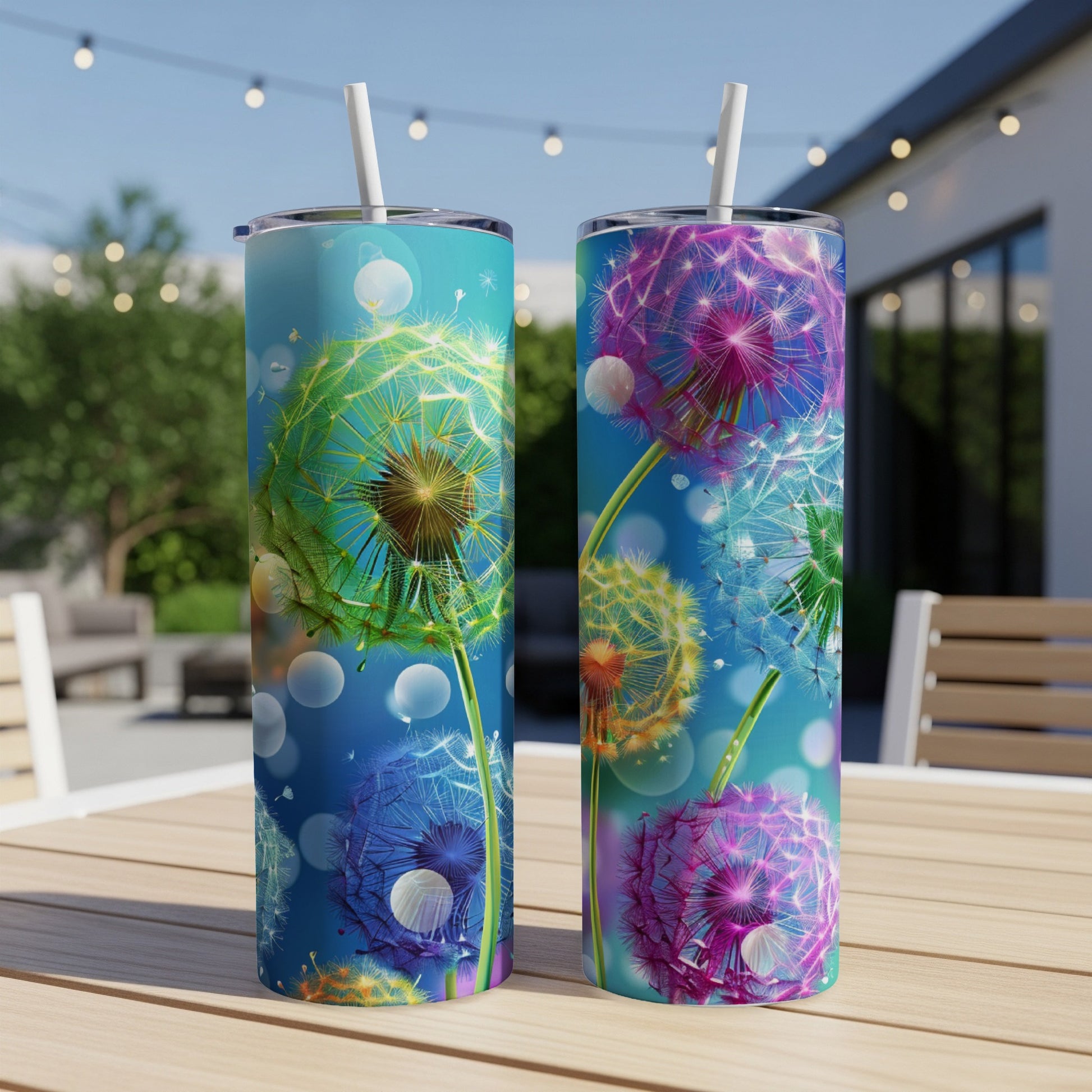 Two tumblers with colorful dandelion seeds against a blue bokeh background.
