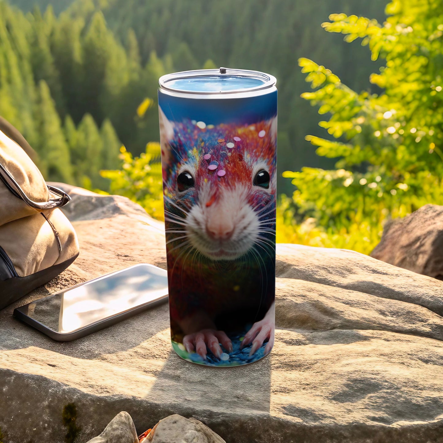 Squirrel tumbler with glitter accents sits on a rock with a phone and bag.