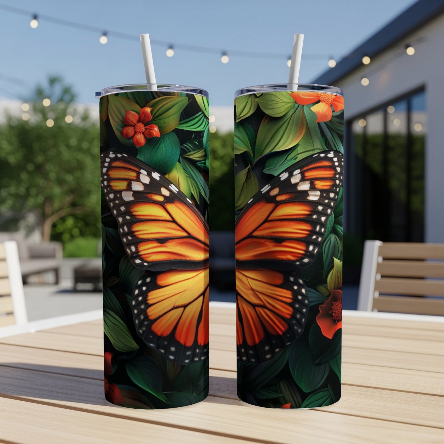 Two tumblers with butterfly wing design and tropical foliage.