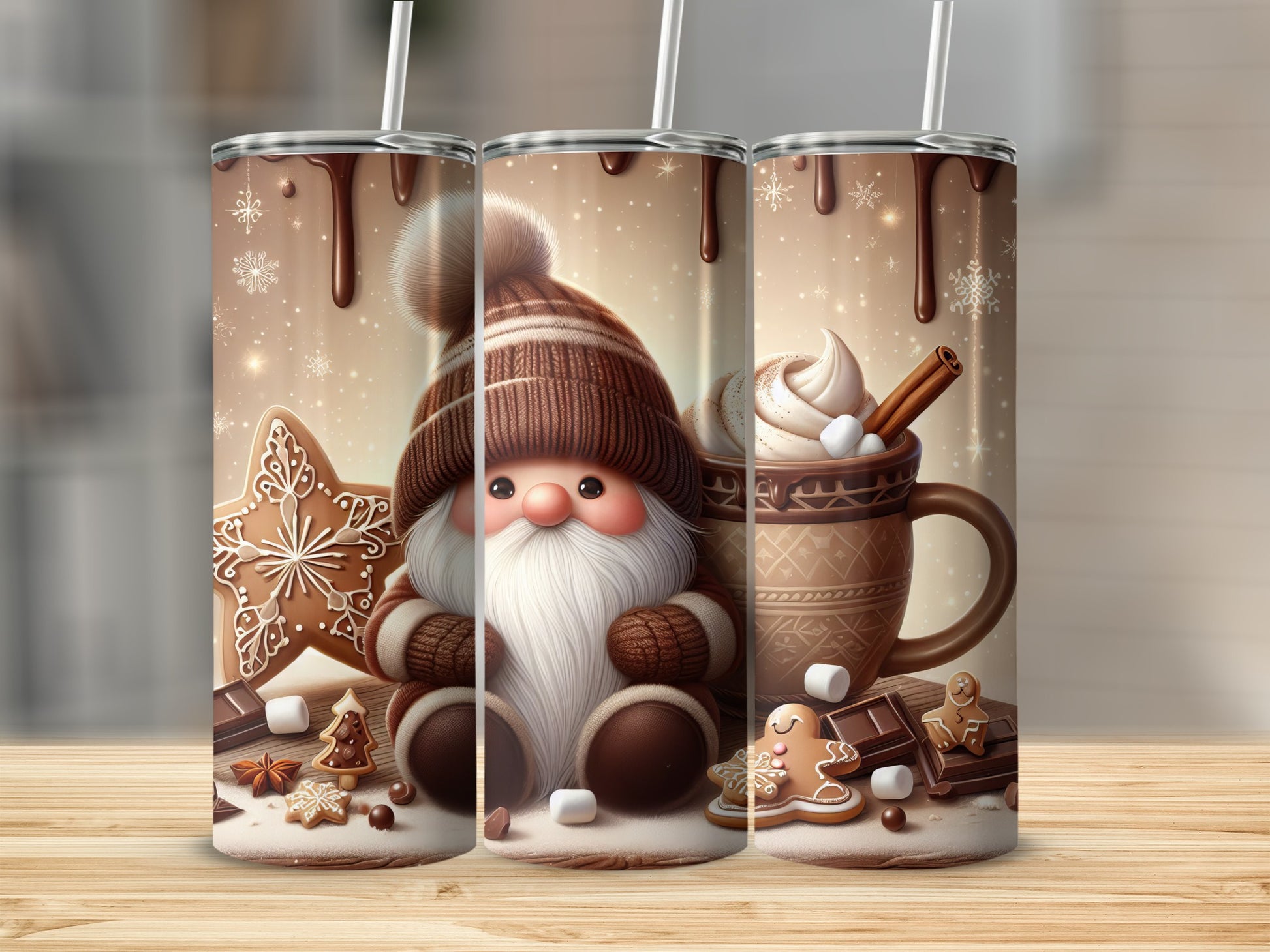 Festive gnome with gingerbread and hot cocoa design on a tumbler.