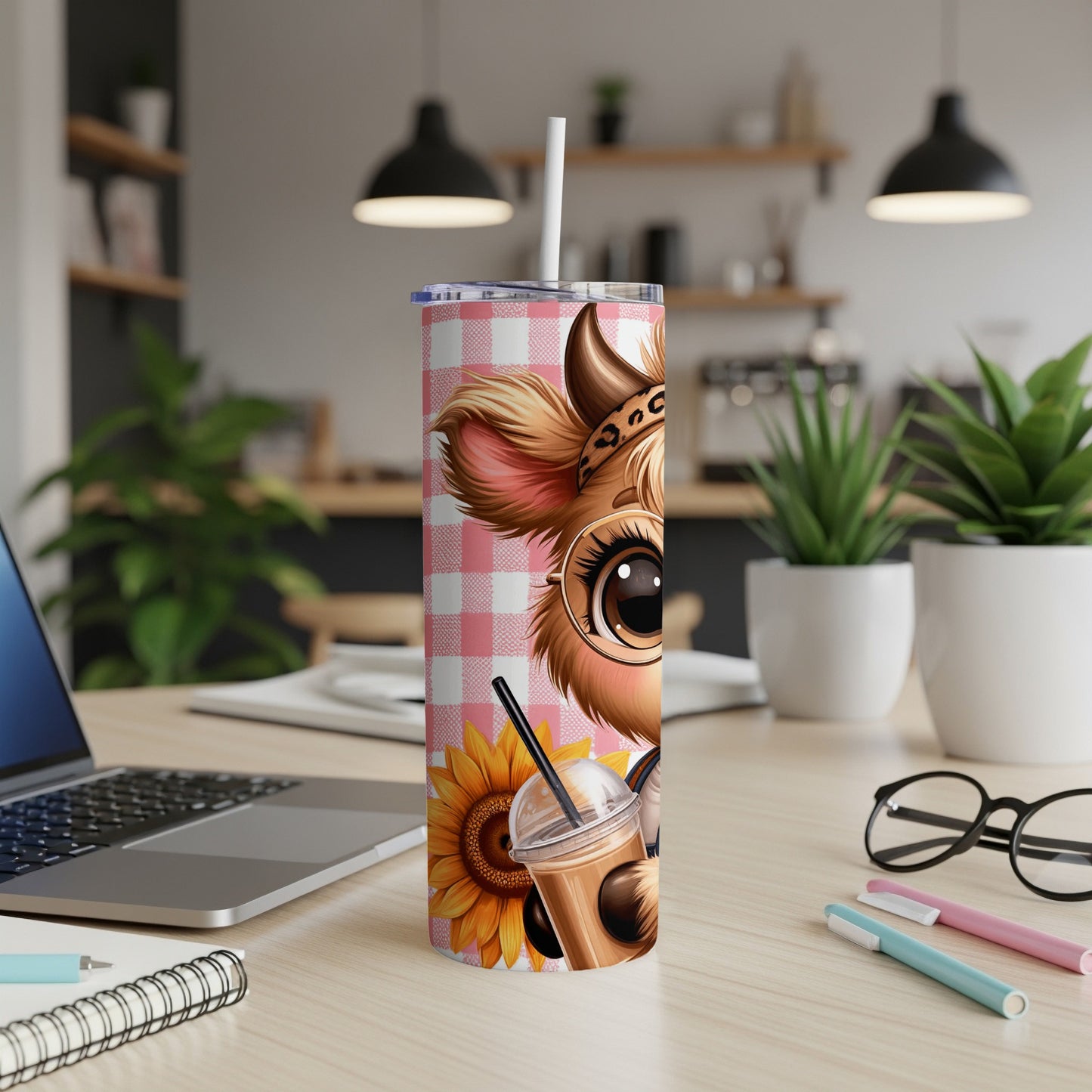 Tumbler featuring a cartoon cow with a sunflower and coffee cup.