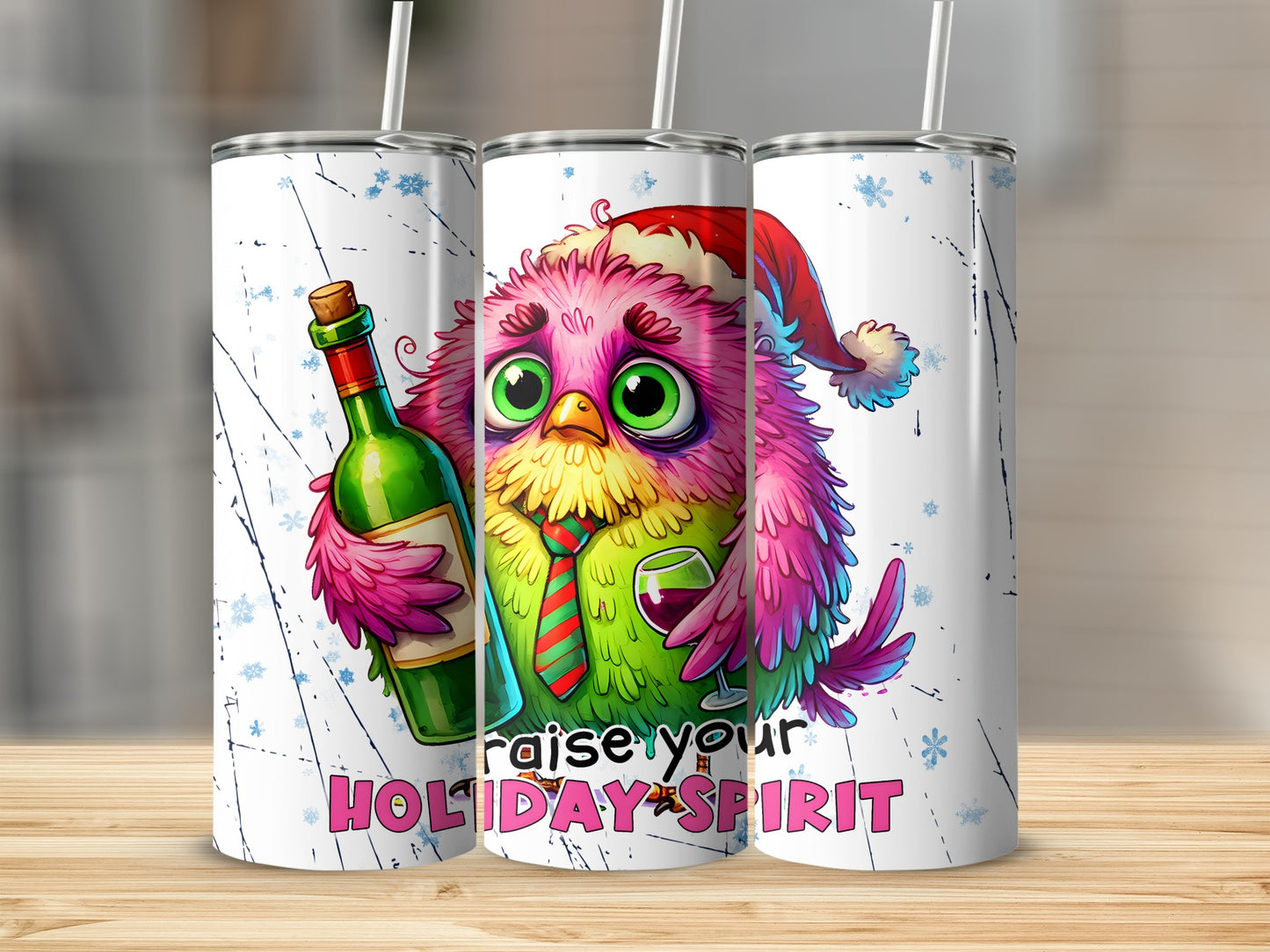 Humorous cartoon bird in Santa hat holding wine bottle and glass, "Raise Your Holiday Spirit" text.