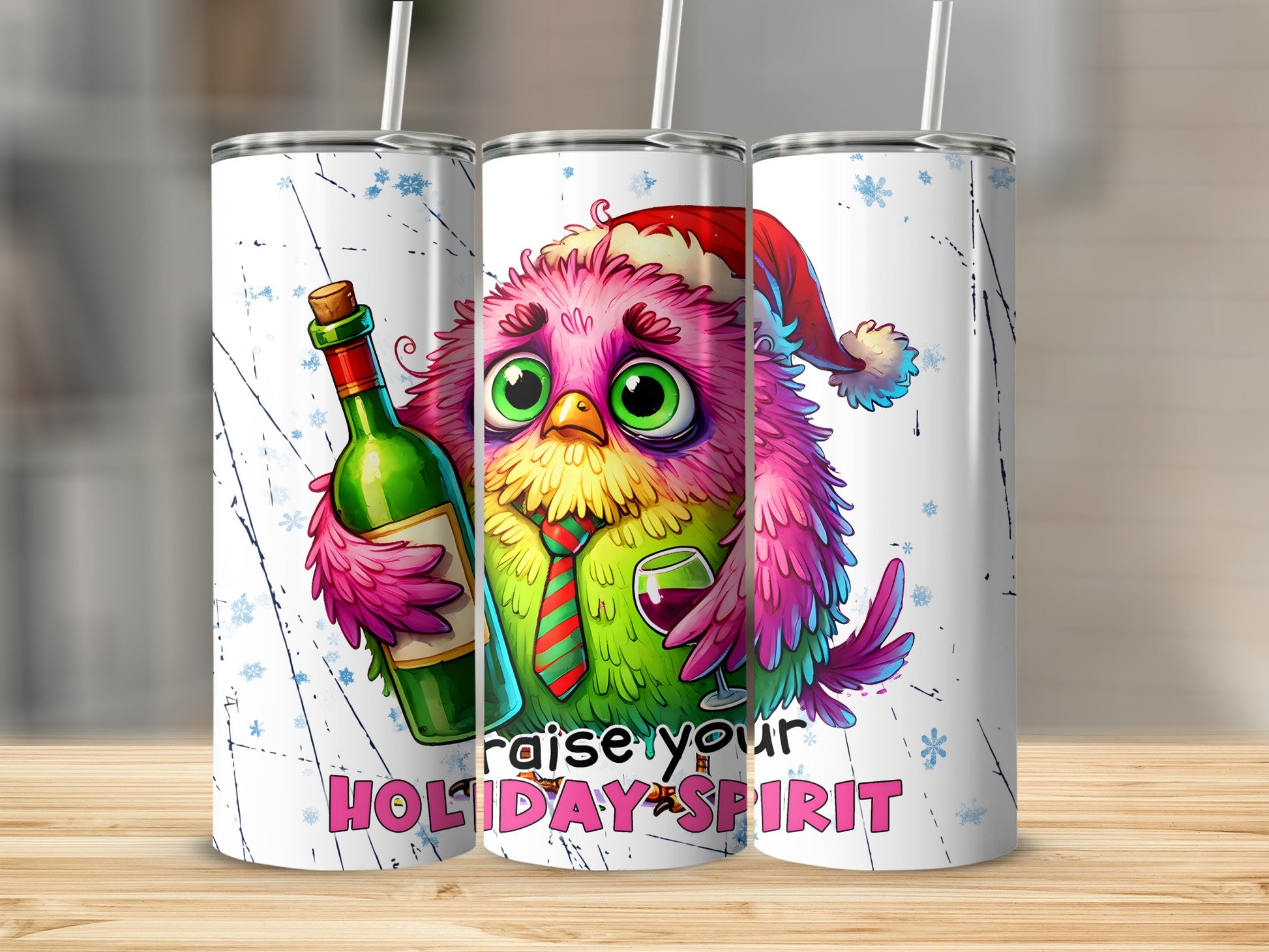 Humorous cartoon bird in Santa hat holding wine bottle and glass, "Raise Your Holiday Spirit" text.
