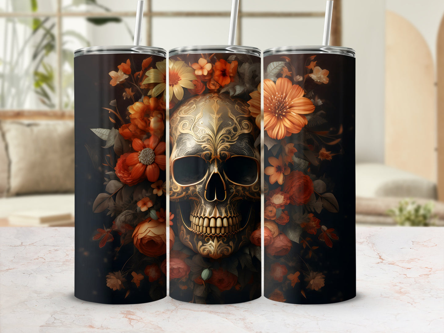 Floral Skull Design Customizable Tumbler for Everyday Use