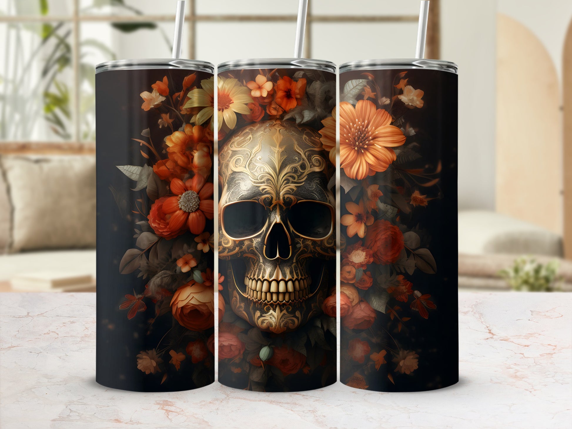 Floral Skull Design Customizable Tumbler for Everyday Use
