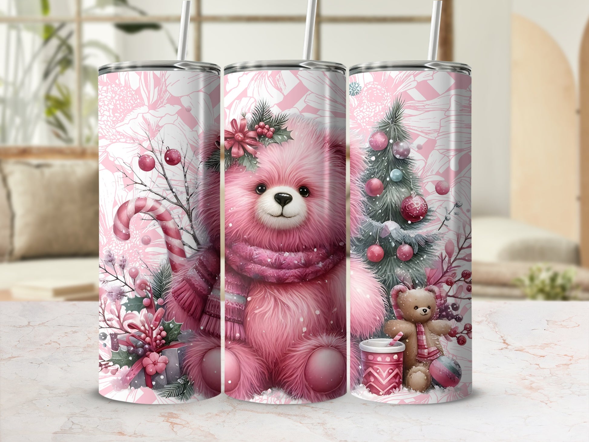 Cute Pink Bear and Holiday Decorations Tumbler