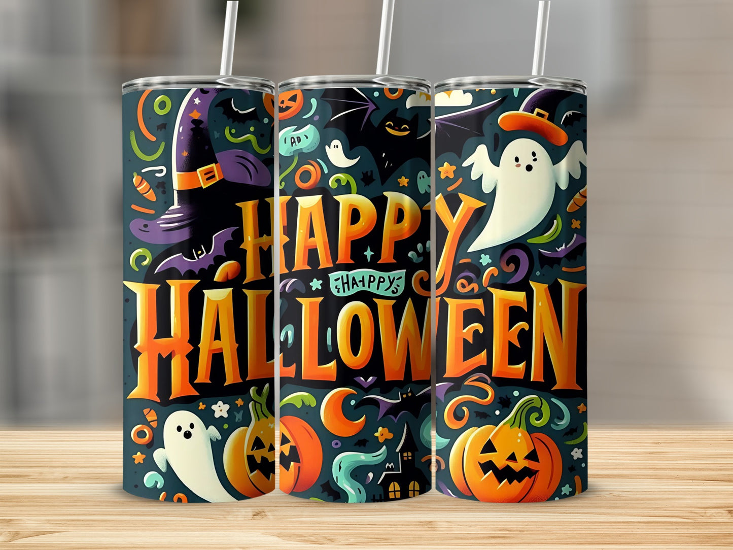 Three tumblers with Halloween graphics and "Happy Halloween" text.