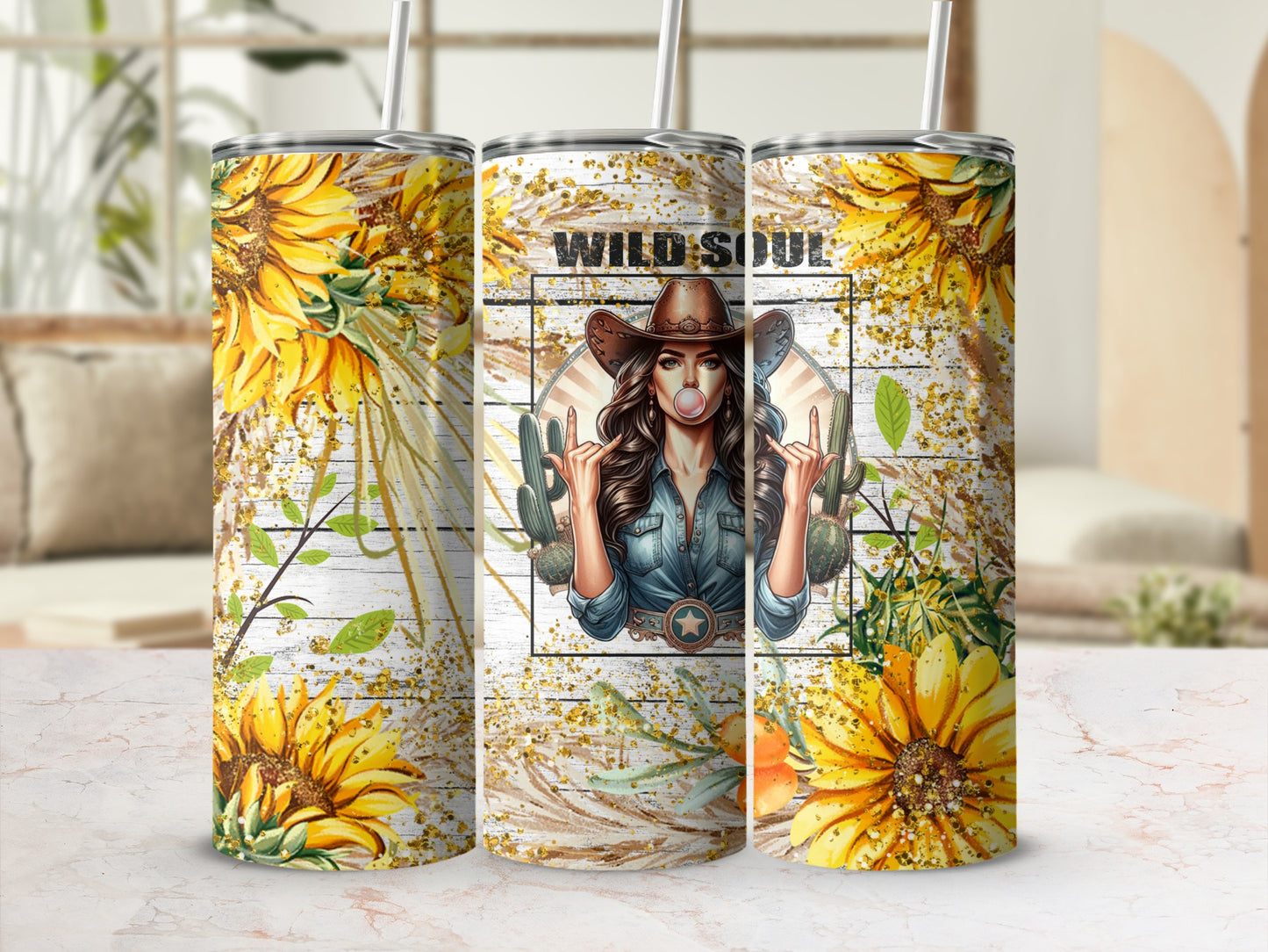 Cowgirl blowing bubblegum with sunflowers and "Wild Soul" text.