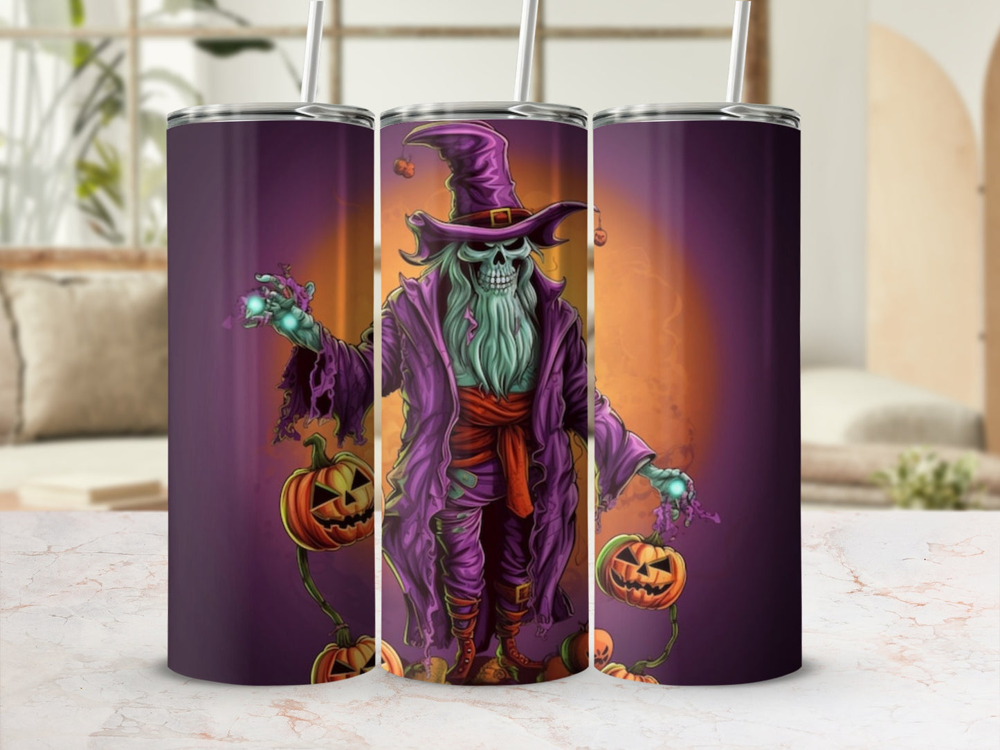 Mysterious Skeleton Wizard with Pumpkins Halloween Tumbler