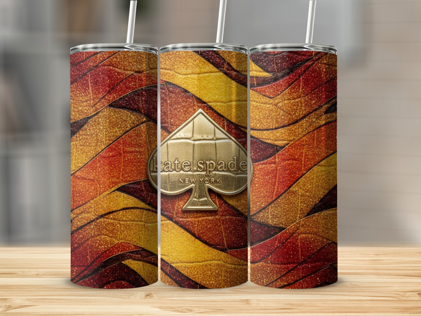 Inspired By Fabulous Kate Spade Logo Over Glittering Pattern Texture Tumblers