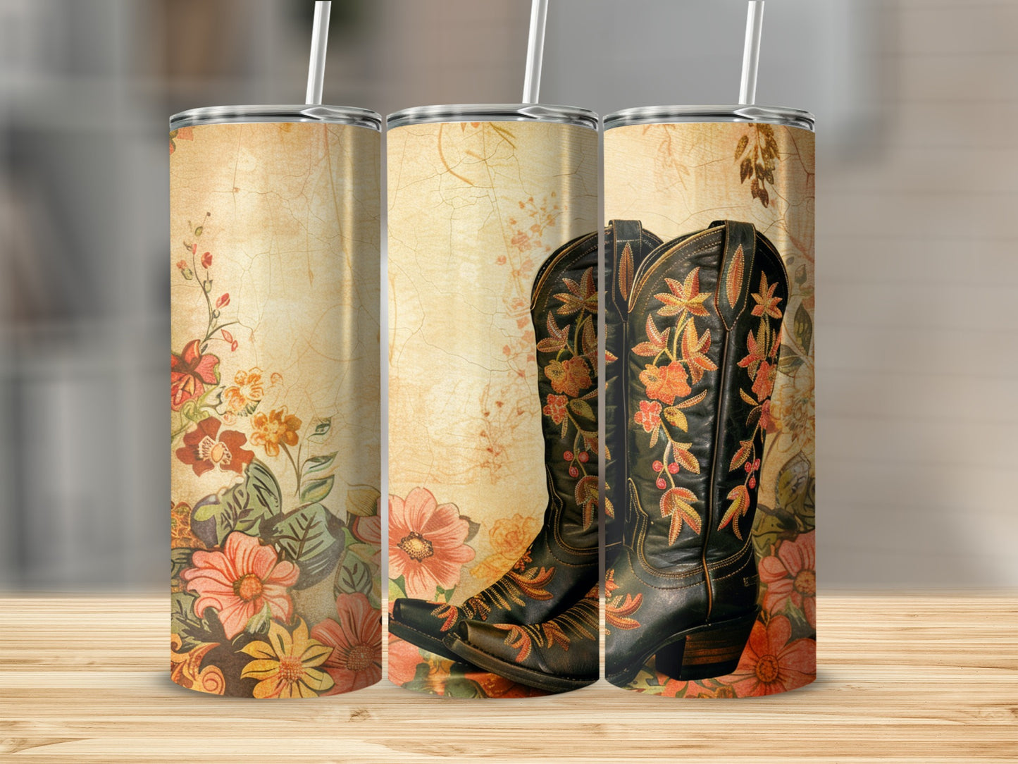 Cowboy boots with floral pattern on a textured background.