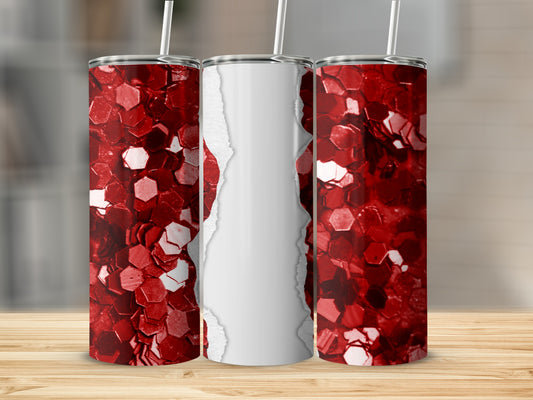 Three tumblers with red glitter and a white ripped paper design.