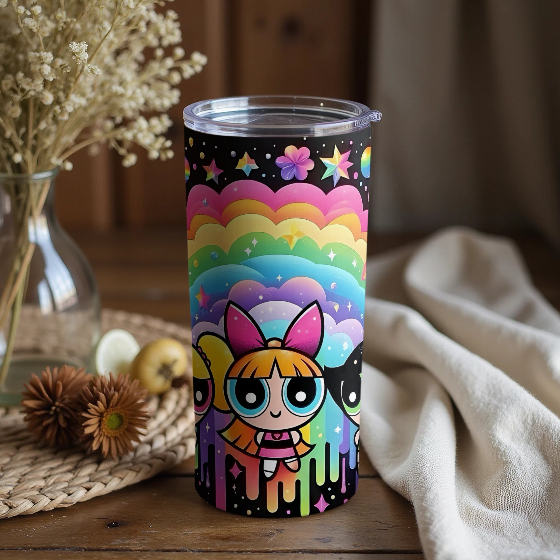 Colorful Rainbow Powerpuff Girls Travel Tumbler Cup