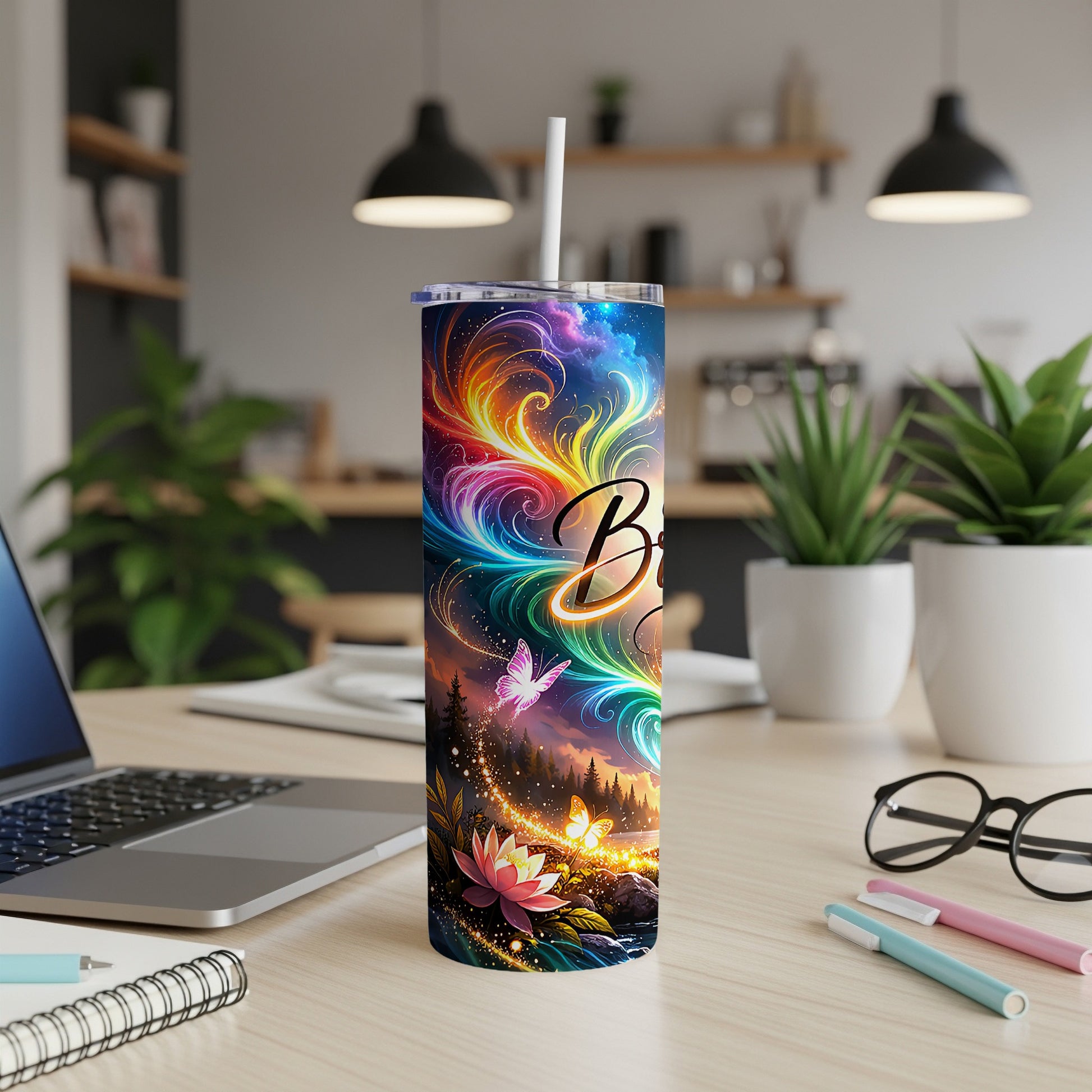 Colorful celestial butterfly design on a white insulated tumbler with straw.