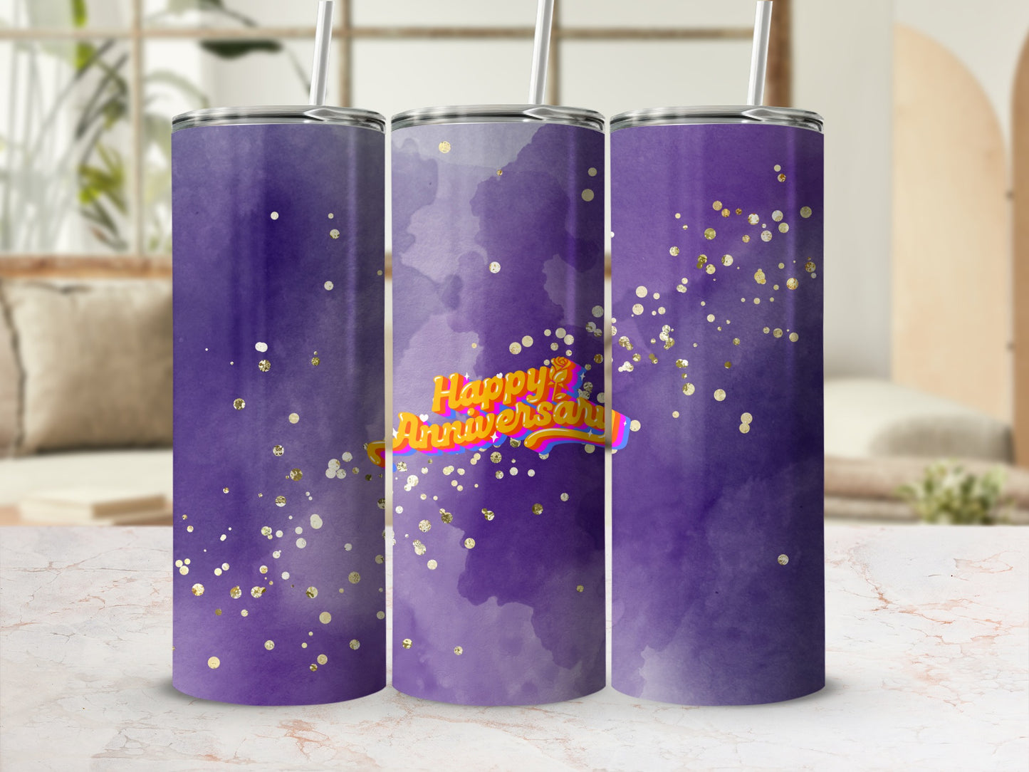 Three purple watercolor tumblers with "Happy Anniversary" text and gold glitter.
