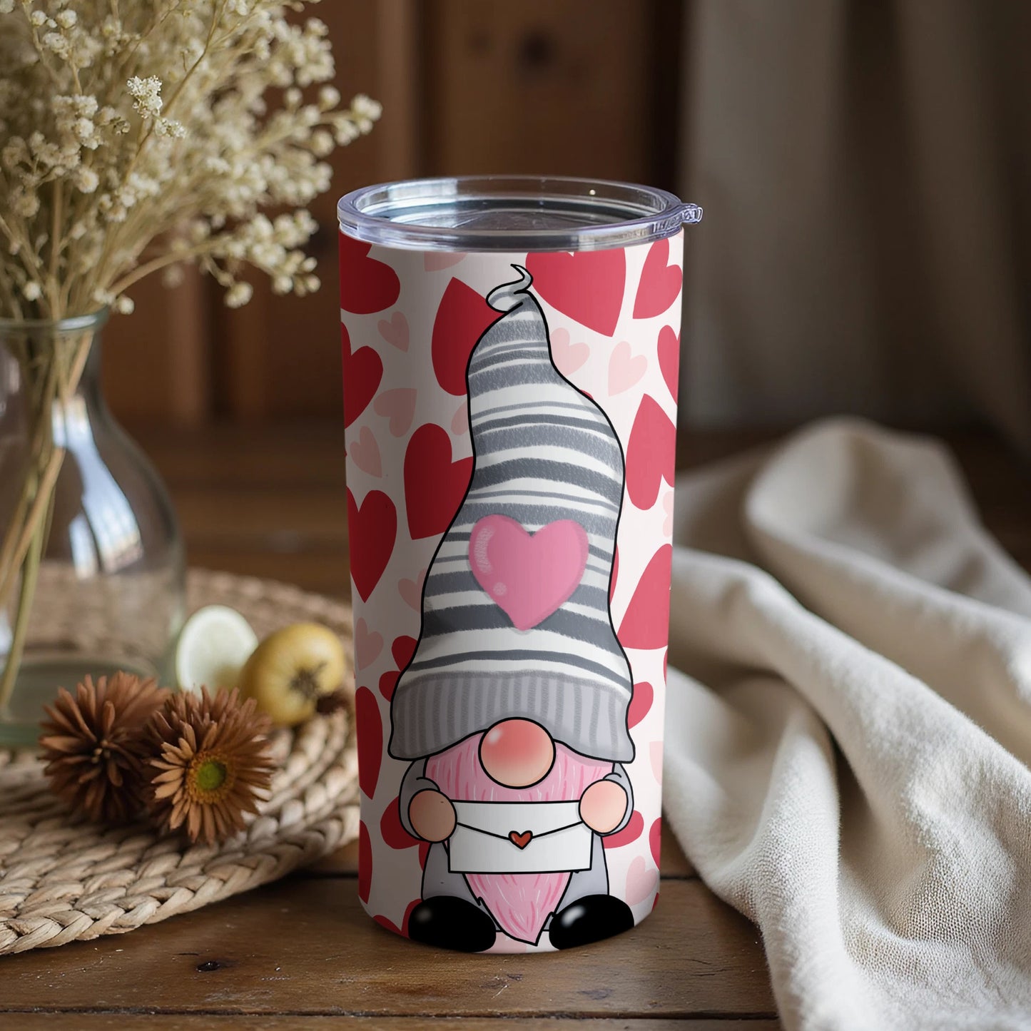 Cute Gnome with Heart Hat on Hearts Background Tumbler
