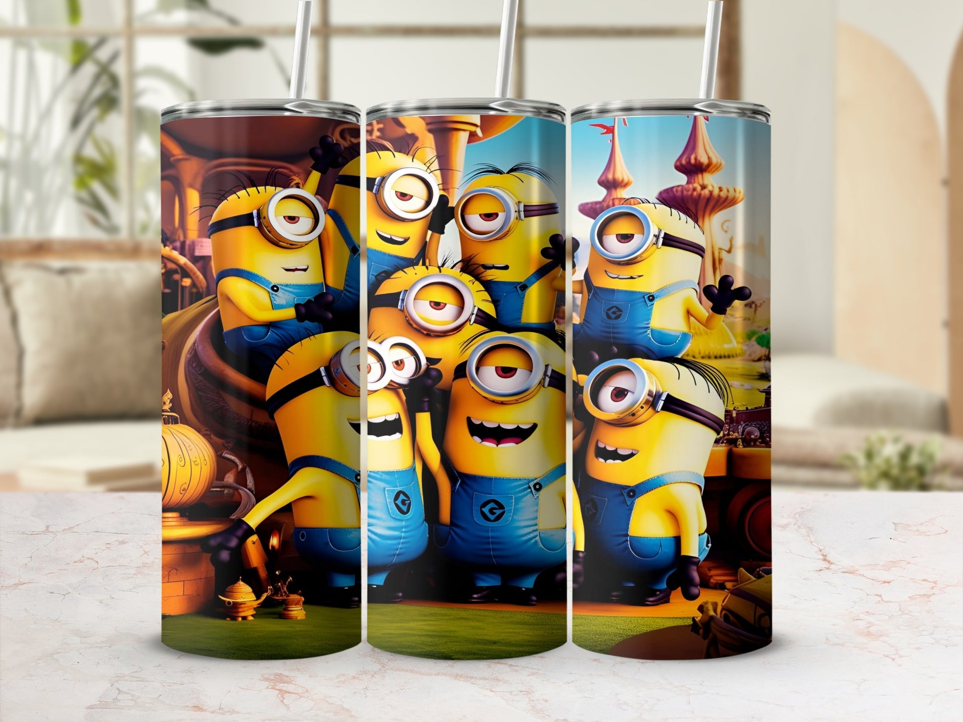 Three Minions from Despicable Me in blue overalls, smiling.