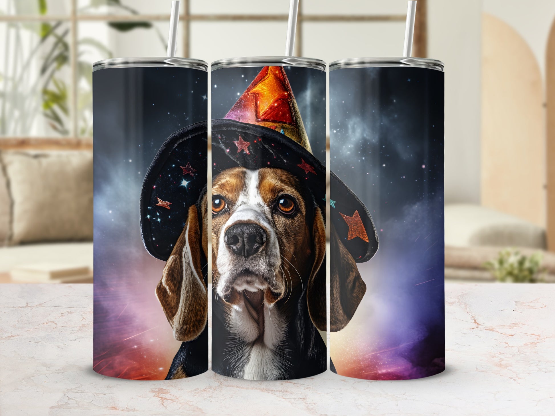 Three tumblers featuring a beagle dog wearing a wizard hat with a starry background.