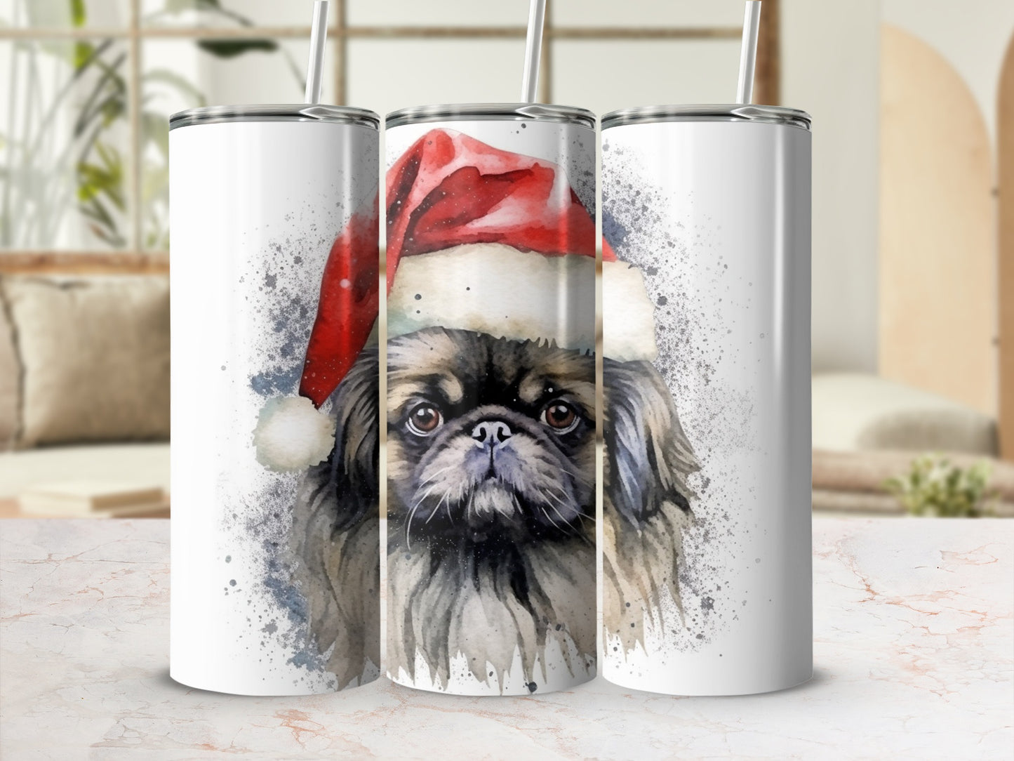 Pug wearing a Santa hat, watercolor style, on a set of three tumblers.