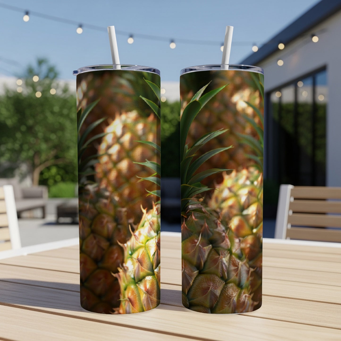Two tumblers with a close-up pineapple pattern sit on a wooden table.