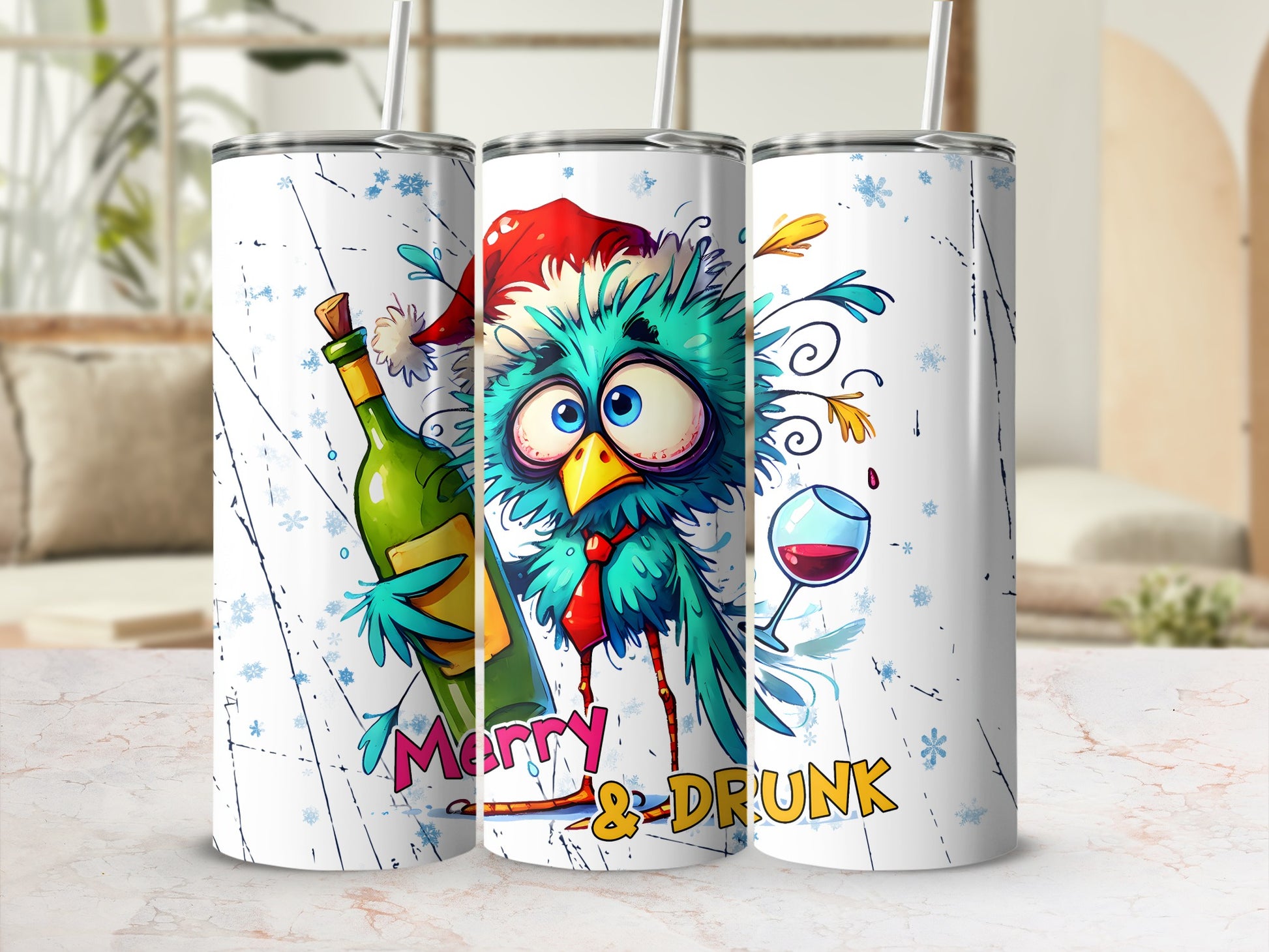 Christmas bird wearing Santa hat holding wine bottle, "Merry & Drunk" text.