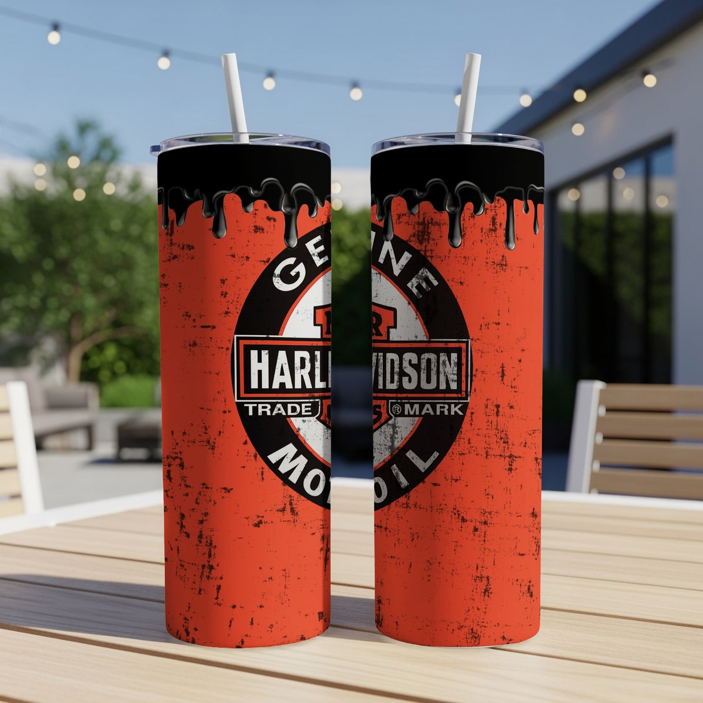 Harley-Davidson Oil and Gas graphic stainless steel tumbler with black lid and straw.