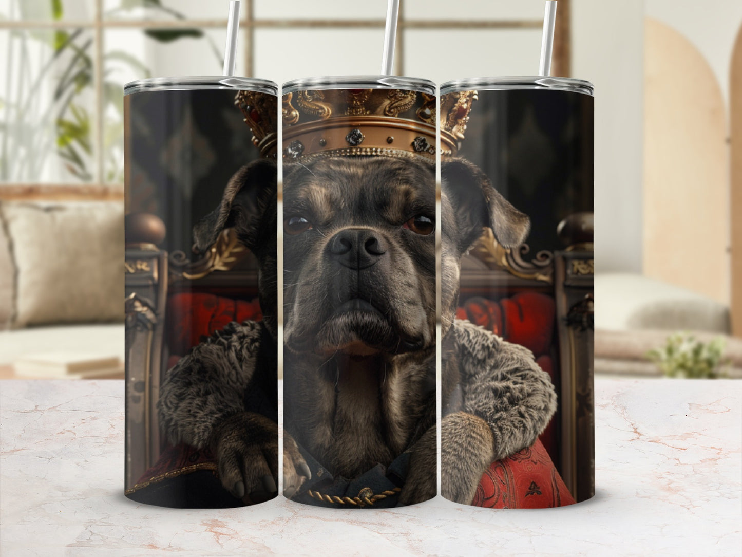 Dog wearing a crown and regal attire, seated on a throne.