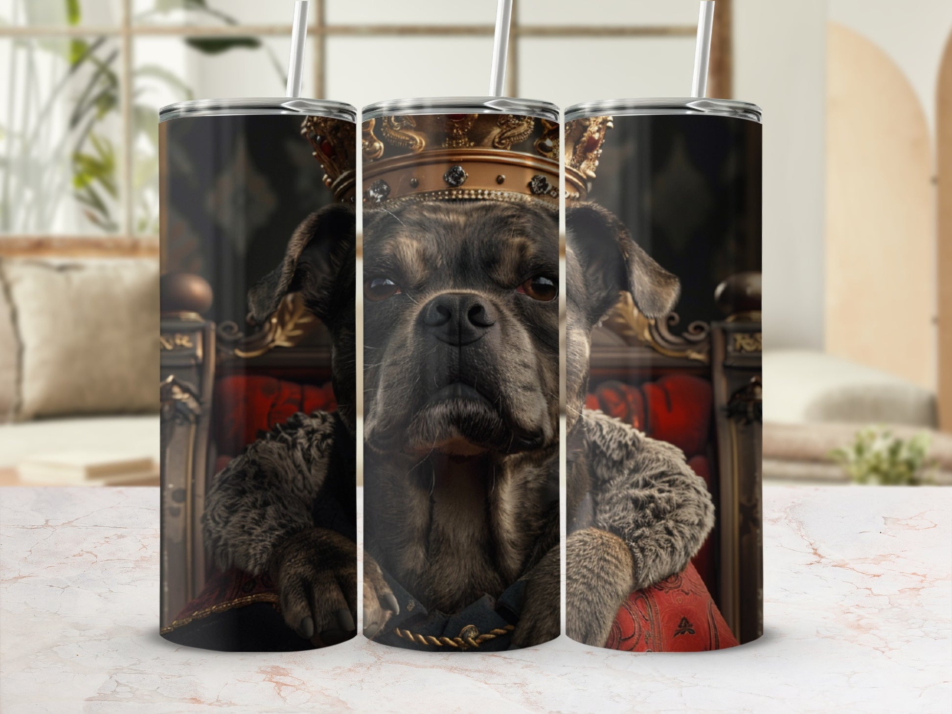 Dog wearing a crown and regal attire, seated on a throne.