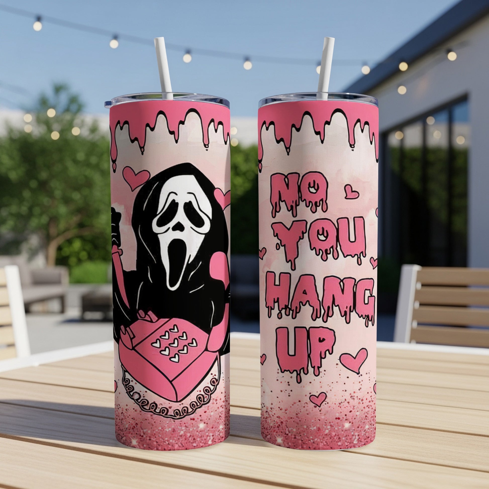 Two tumblers with Ghostface from Scream and pink drip design, one reads "NO YOU HANG UP."