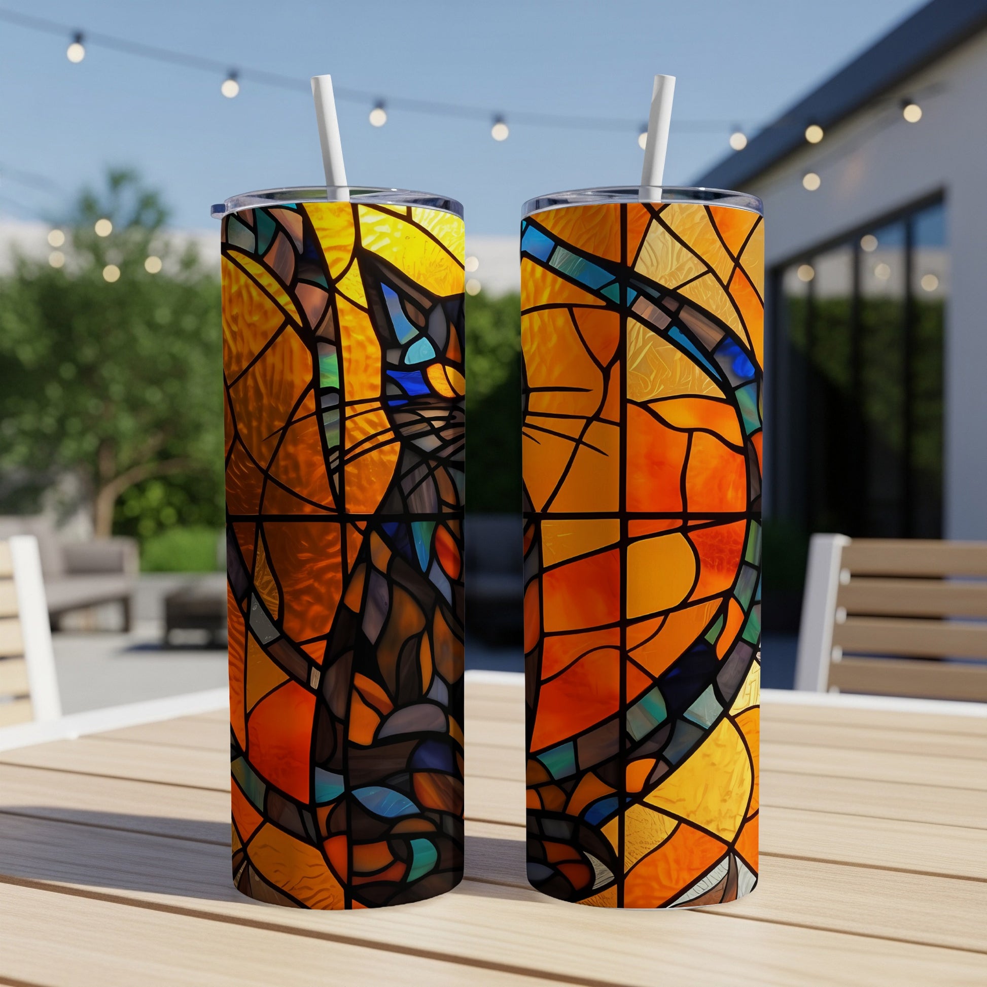 Two tumblers featuring a stained-glass cat design on a wooden table.