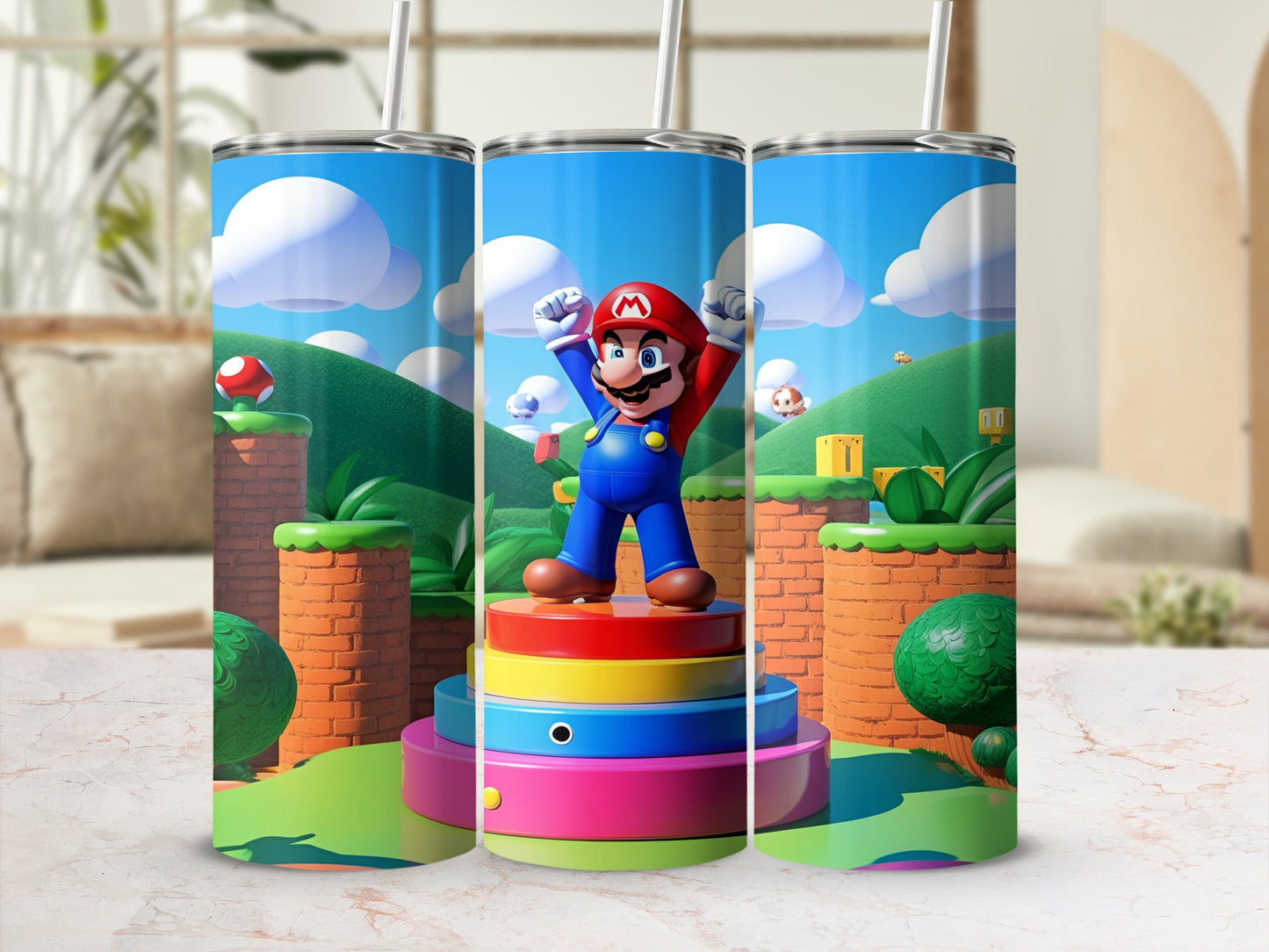 Mario standing on colorful blocks in a video game landscape.