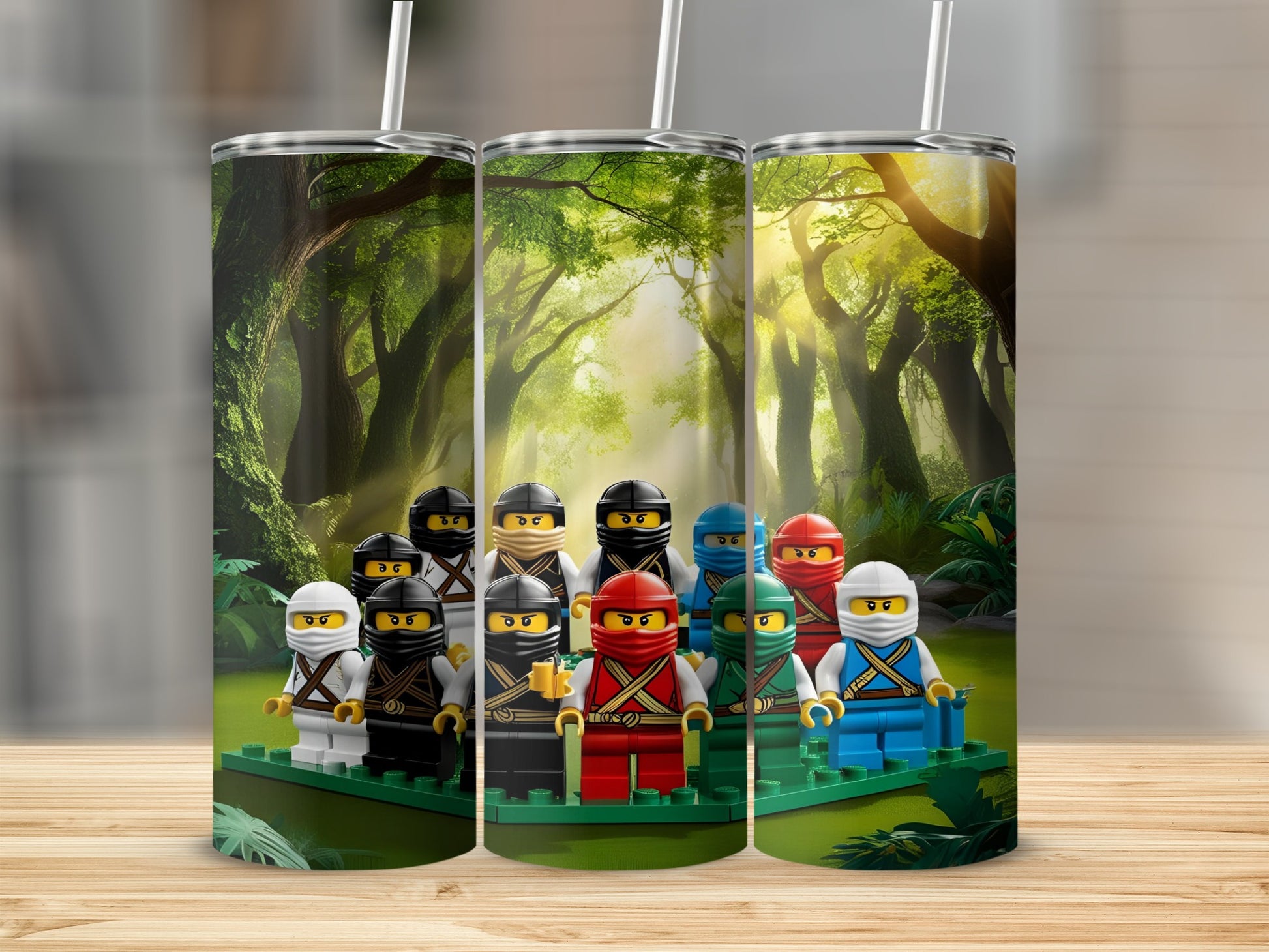 LEGO Ninjago characters standing on a green platform in a forest.