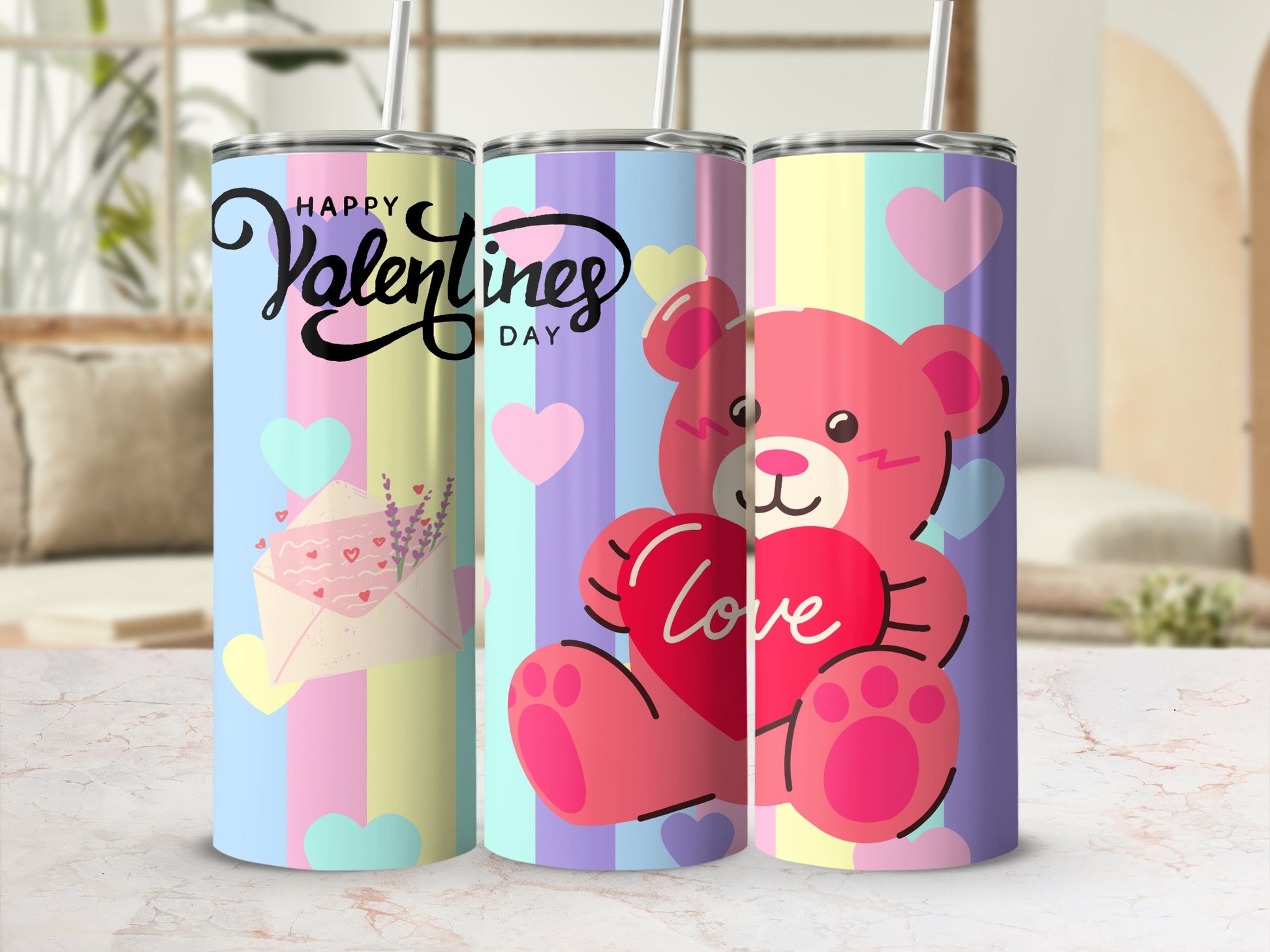 Pastel Valentines Drink Tumblers Love Bear Gift