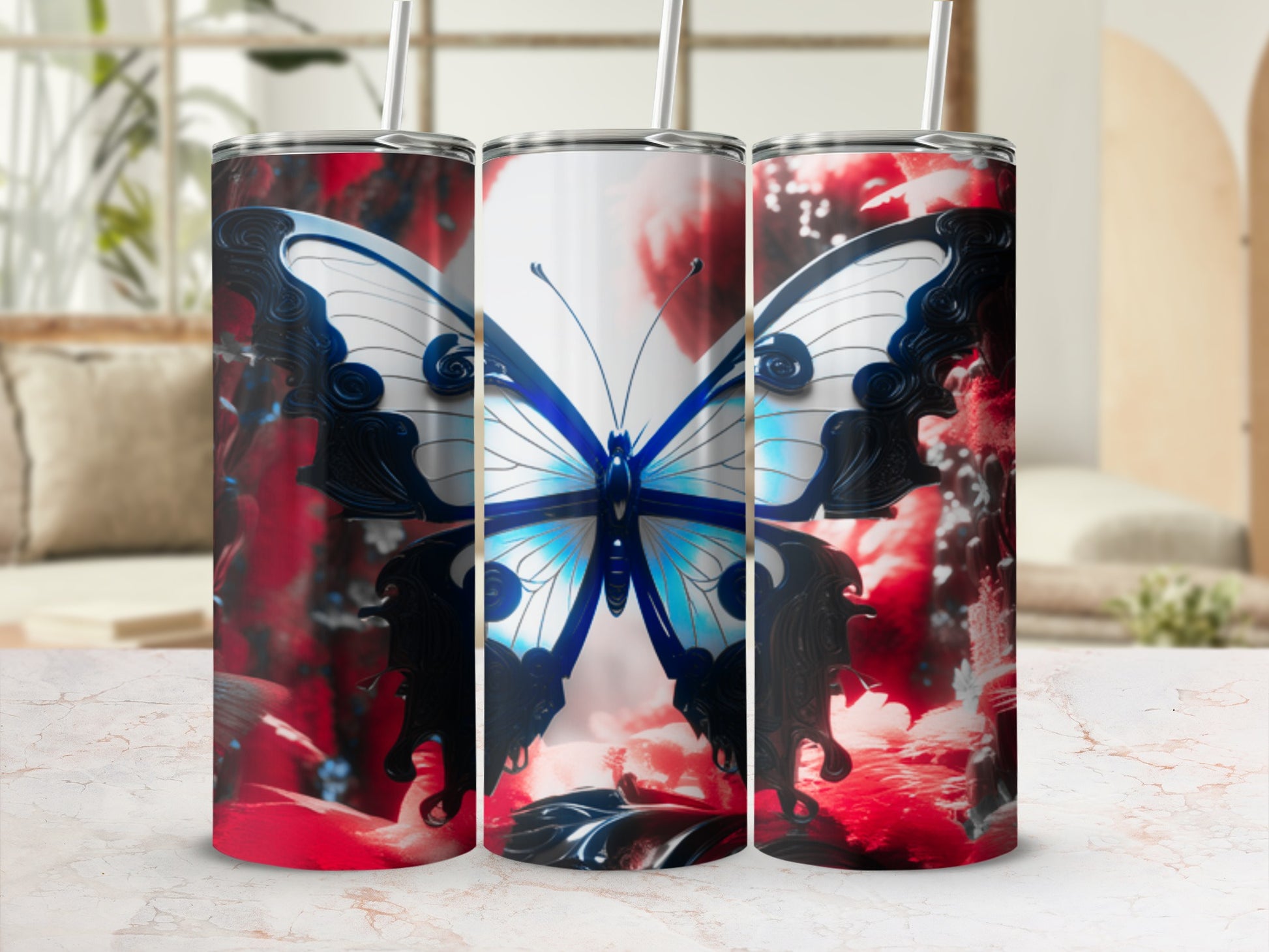 Three tumblers featuring a blue and white butterfly on a red floral background.