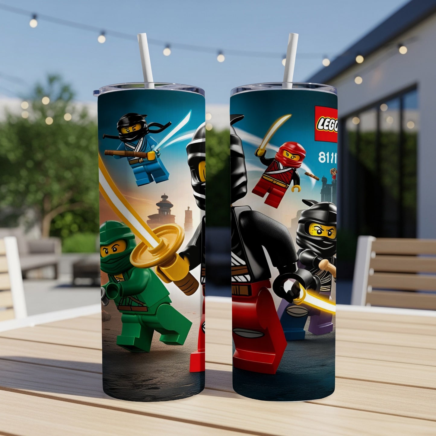 Two LEGO Ninjago tumblers featuring Kai and Lloyd on a table outdoors.