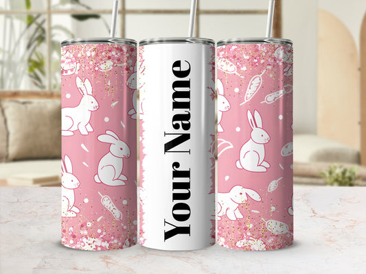 Personalized Pink Bunny Design Tumbler with Straw