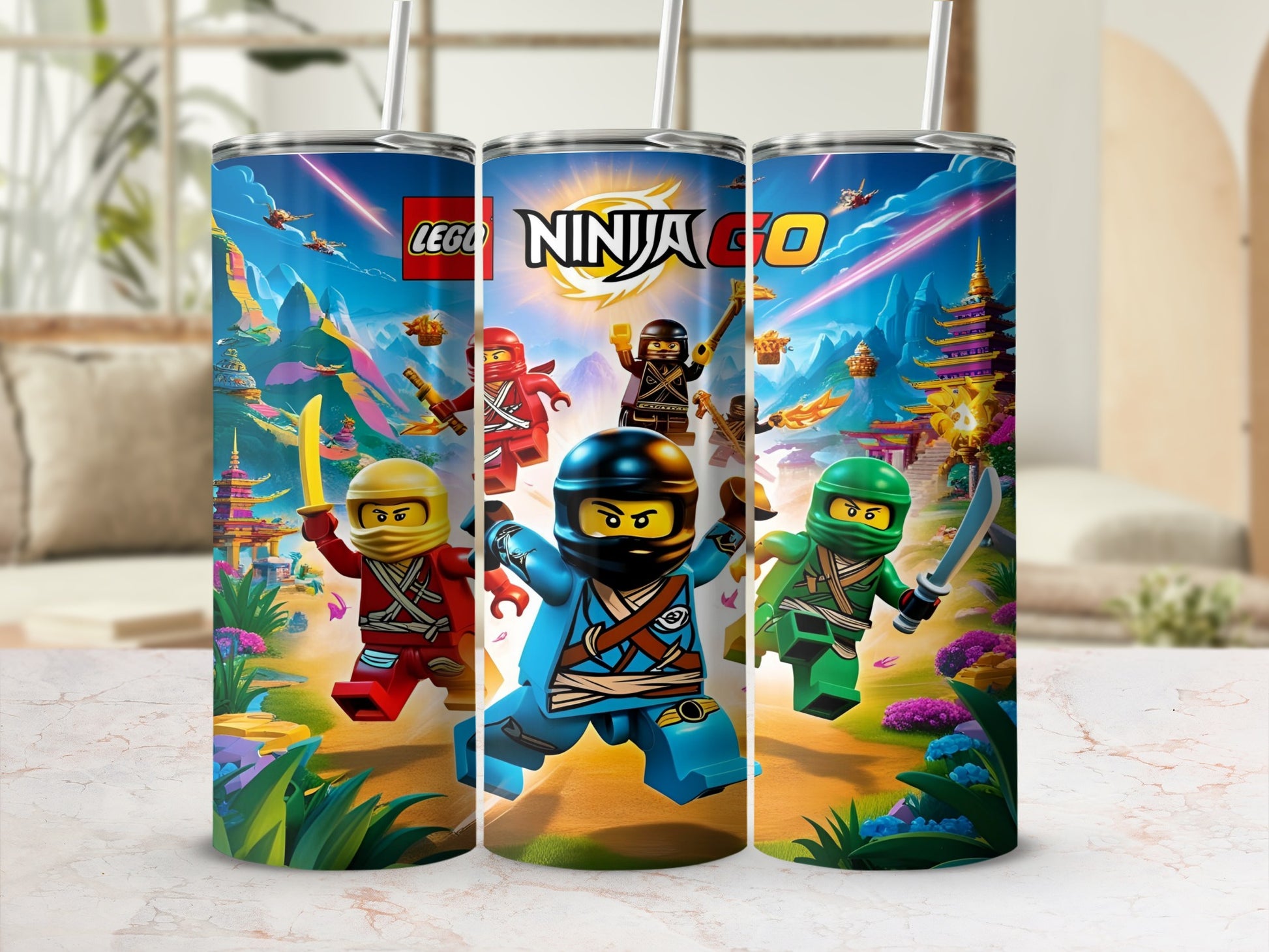 Ninjago Lego characters on a tumbler with a mountainous background.