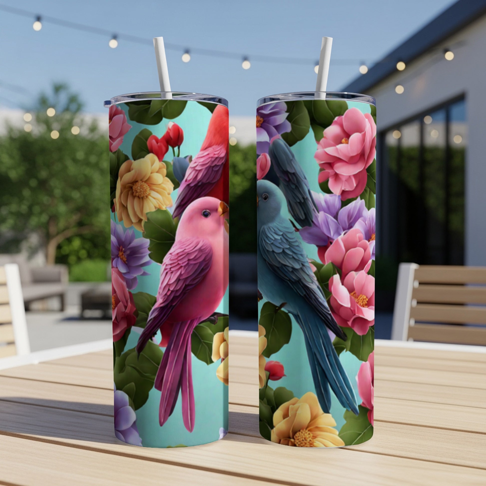 Two tall tumblers with pink and blue birds and colorful flowers.