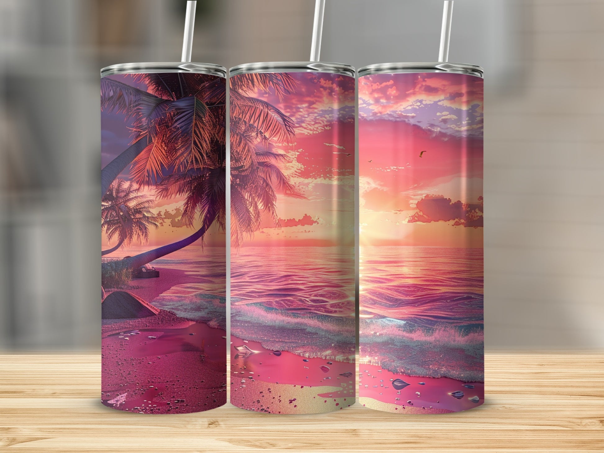 Sunset over ocean with palm trees, pink hues, on three tumblers.