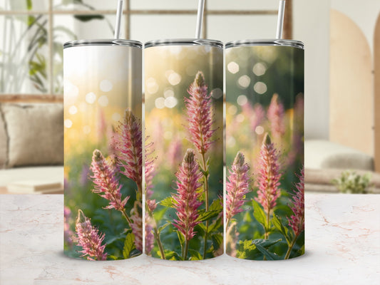 Three tumblers featuring pink floral design with bokeh background.