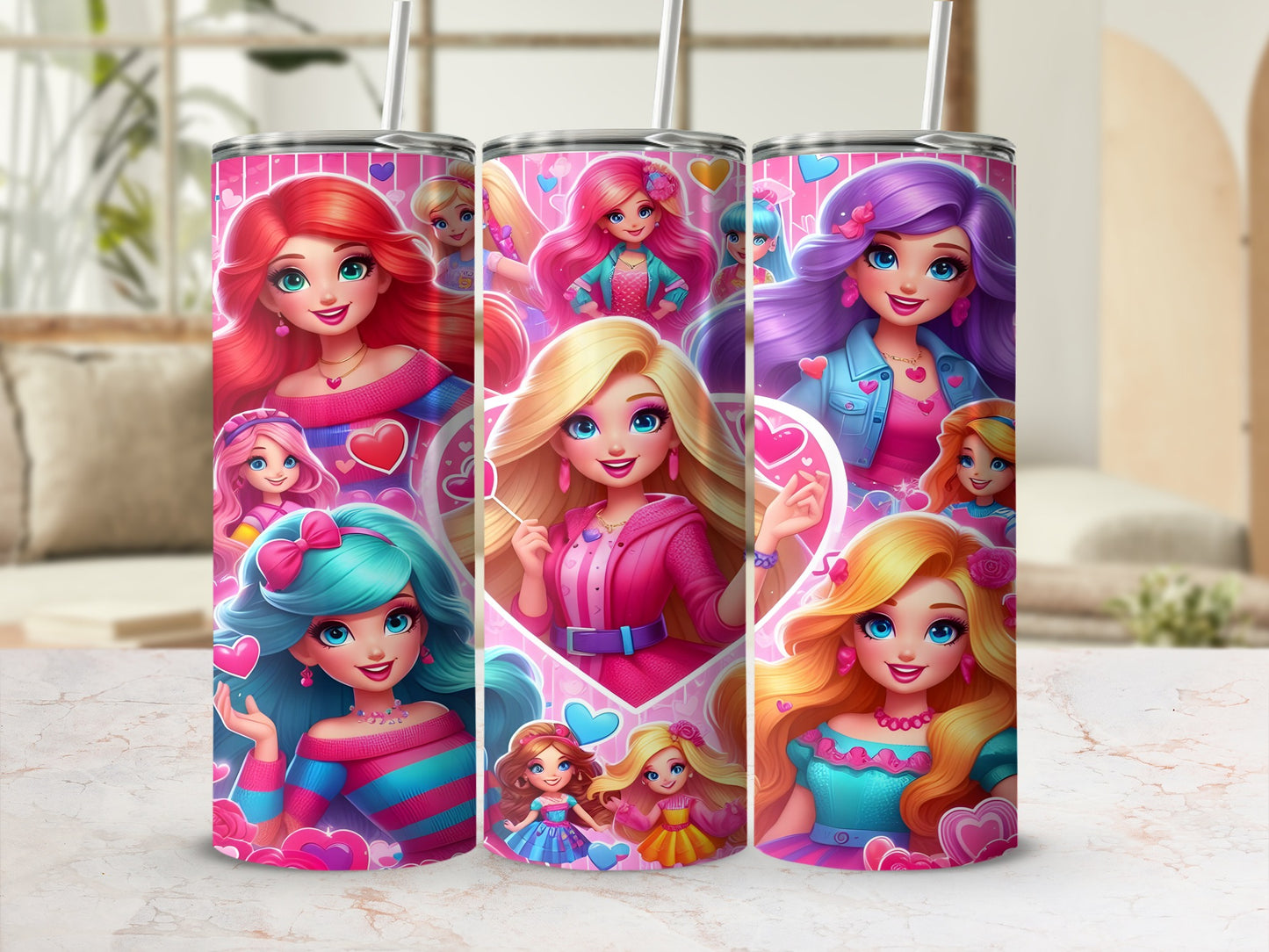 Three colorful tumblers featuring animated cartoon girls with pink, blue, and purple hair.