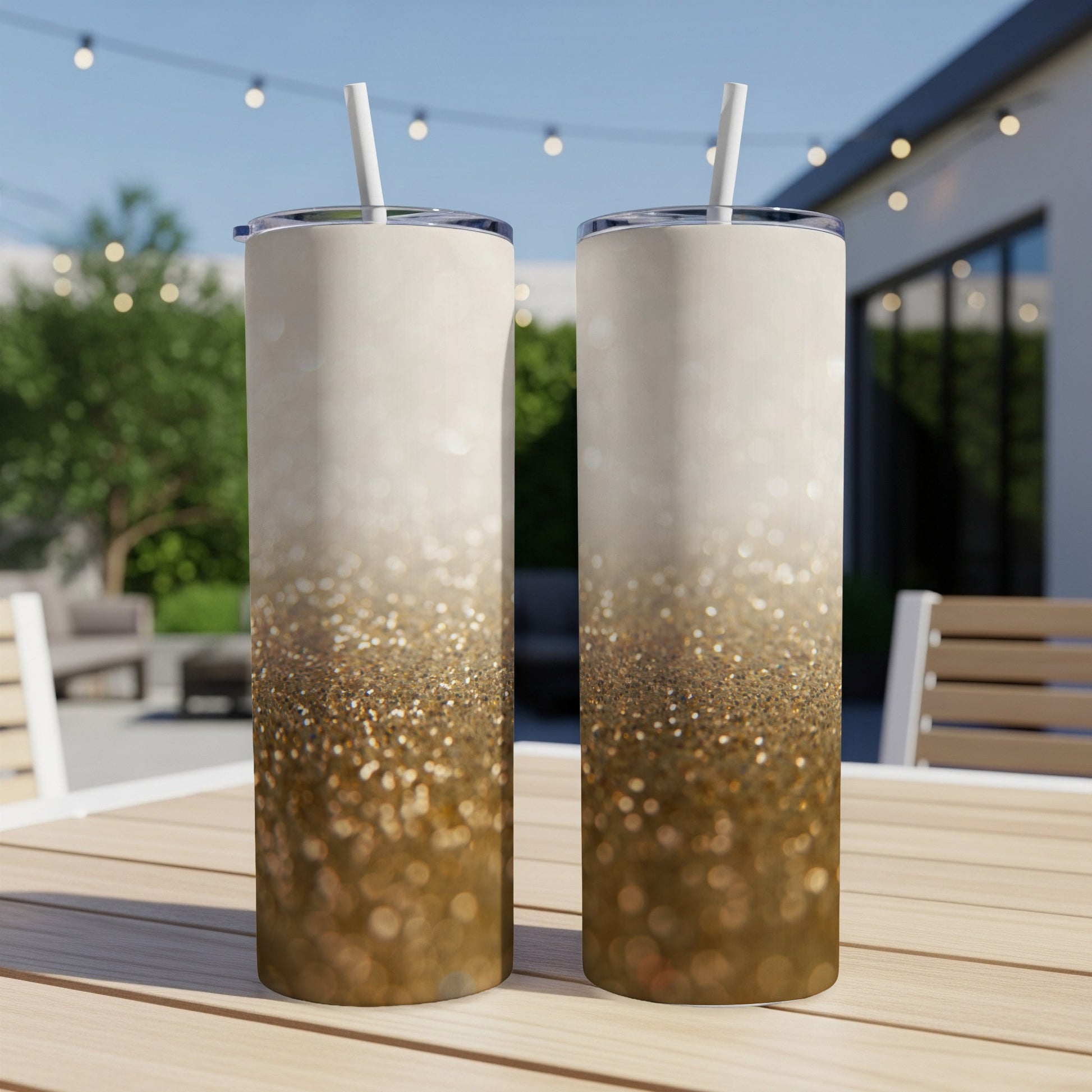 Two tall tumblers with gold glitter gradient and white lids on a table.