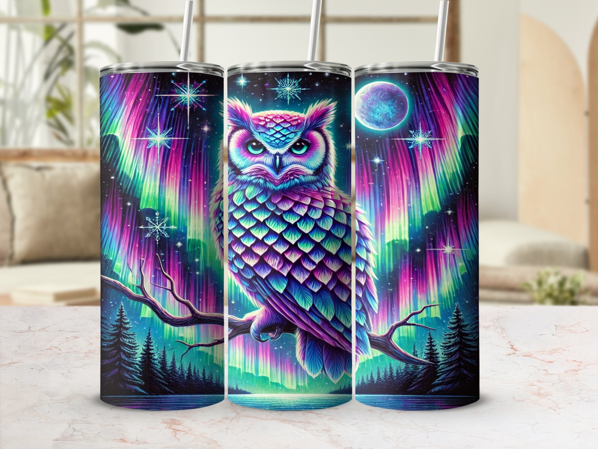 Enchanting Owl and Aurora Borealis Tumbler Cup