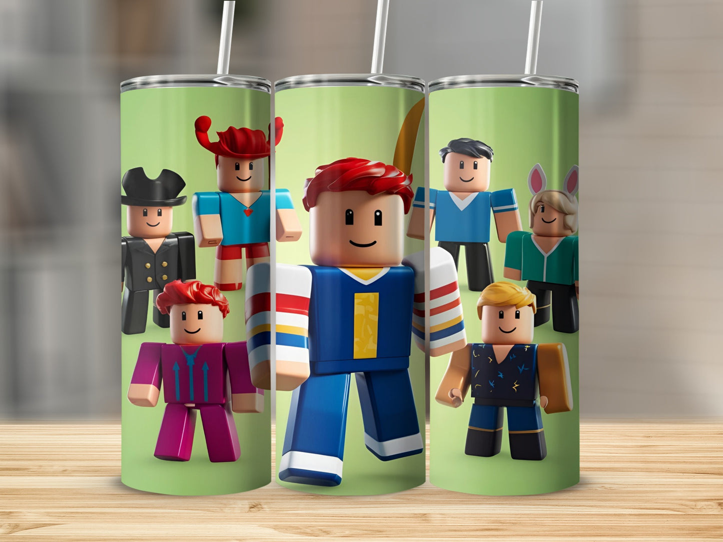 Roblox characters in colorful outfits on a green tumbler.