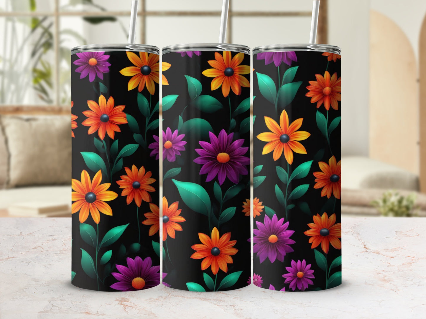 Three black tumblers with orange, yellow, and purple flowers and green leaves.