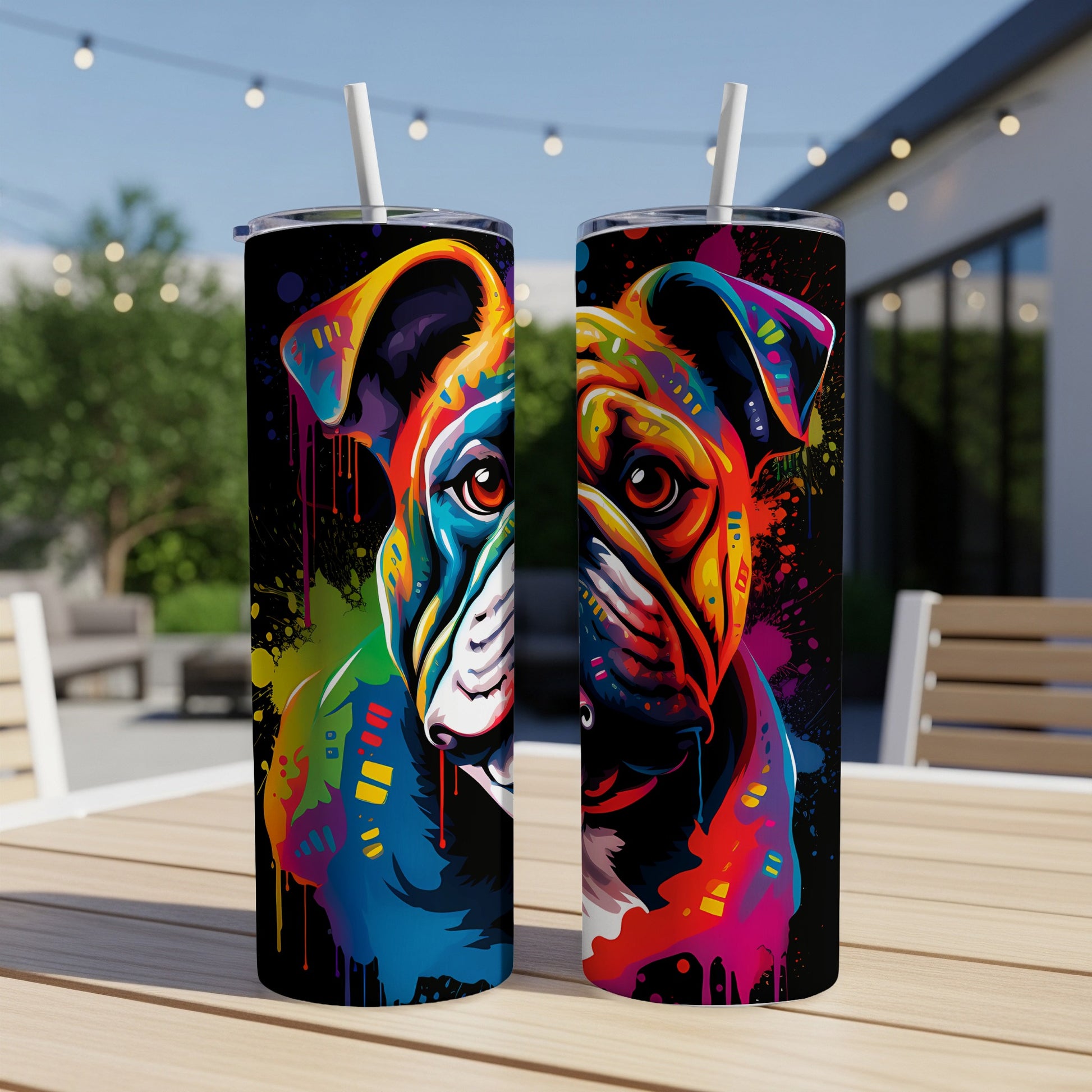 Two colorful bulldog tumblers with abstract paint splatters.